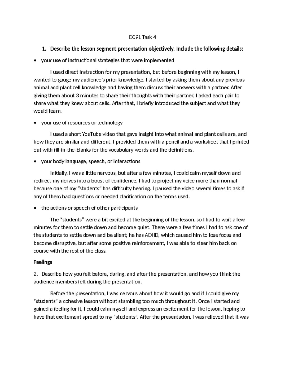D091 Task 4 - Objective Analysis of Lesson Segment Presentation - Studocu
