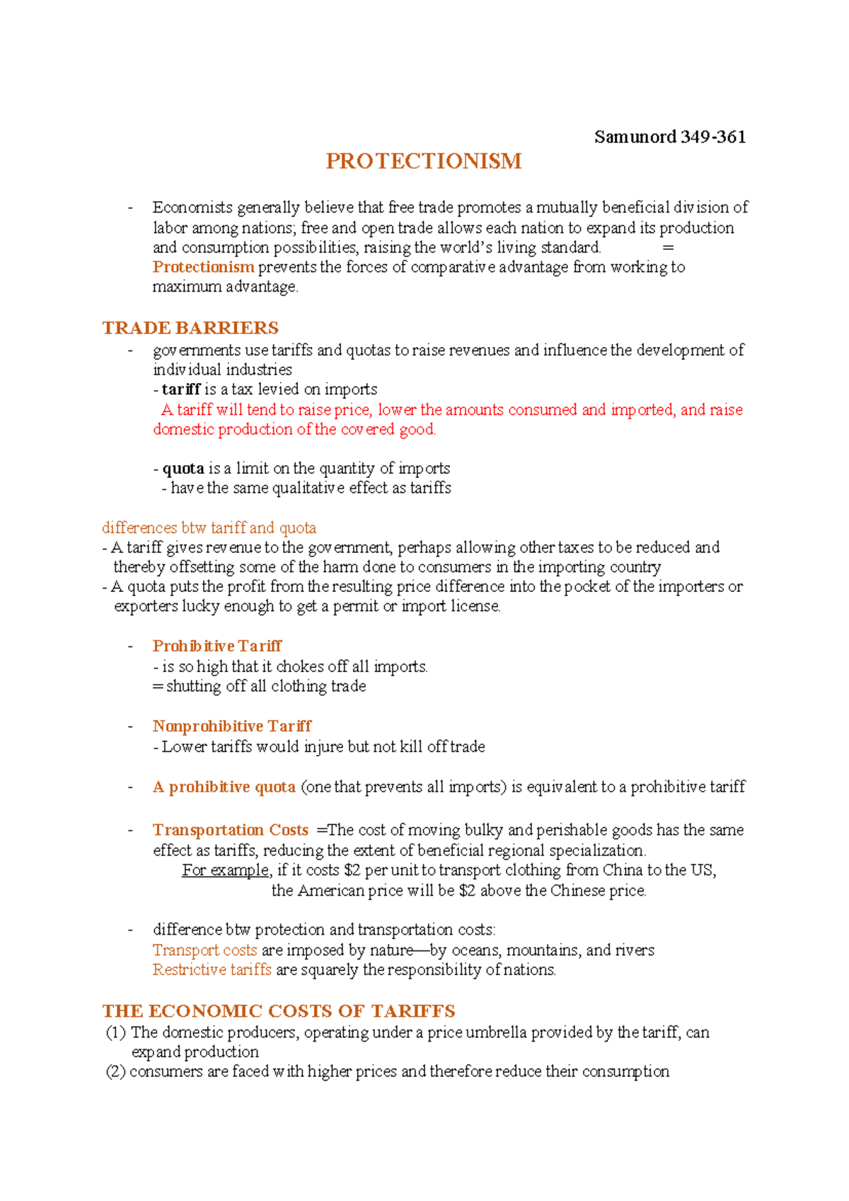Protectionism - summary - Samunord 349- PROTECTIONISM Economists ...