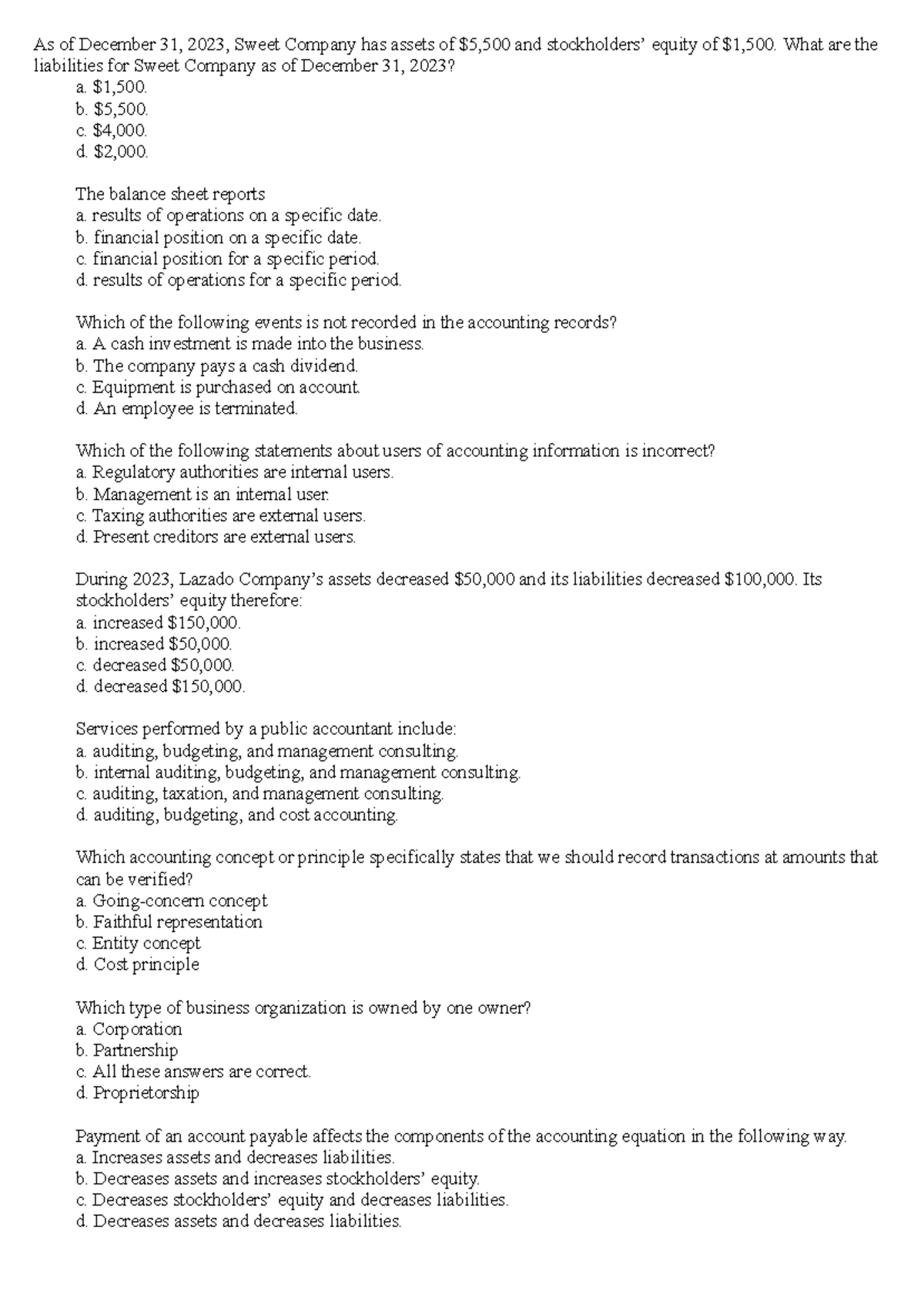 Final Exam Review: Accounting Concepts and Principles (ACCT 101) - Studocu