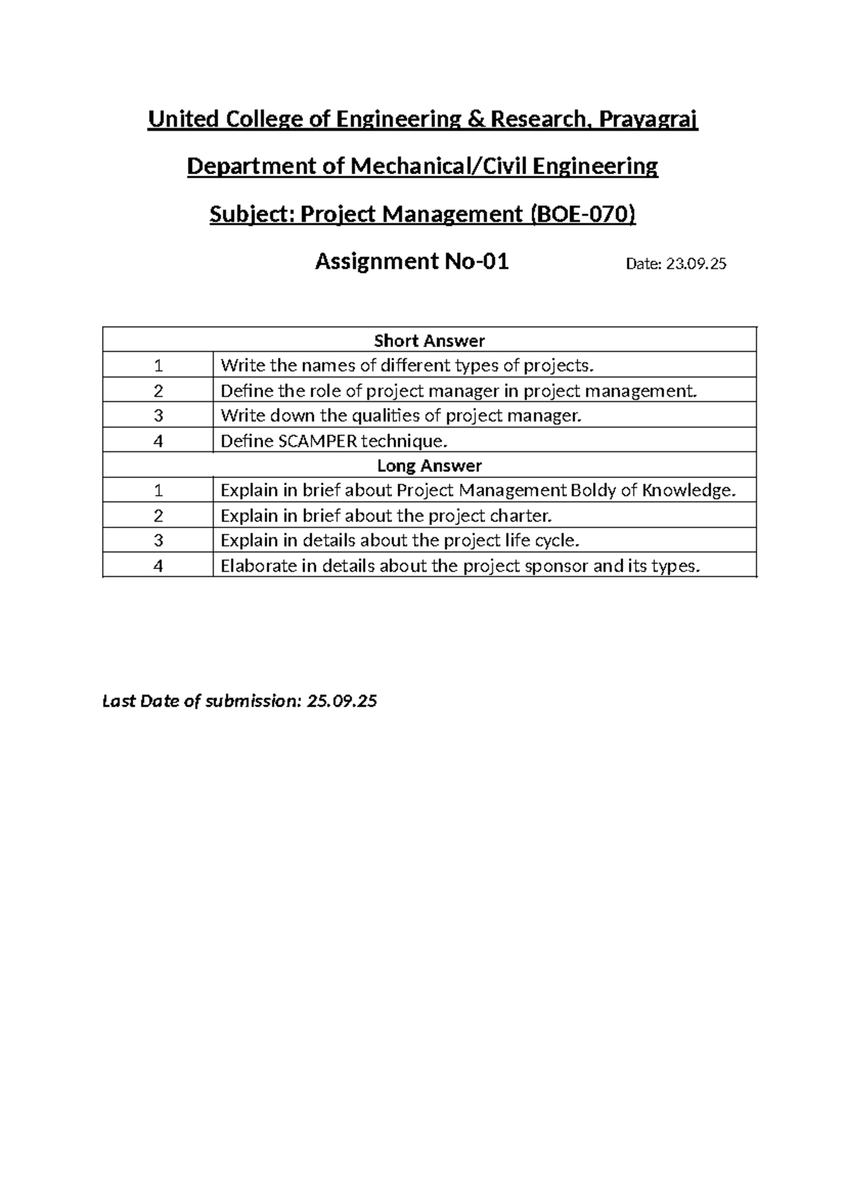 PM Assignment 1 - Project managemenr (BOE-070) - United College of ...