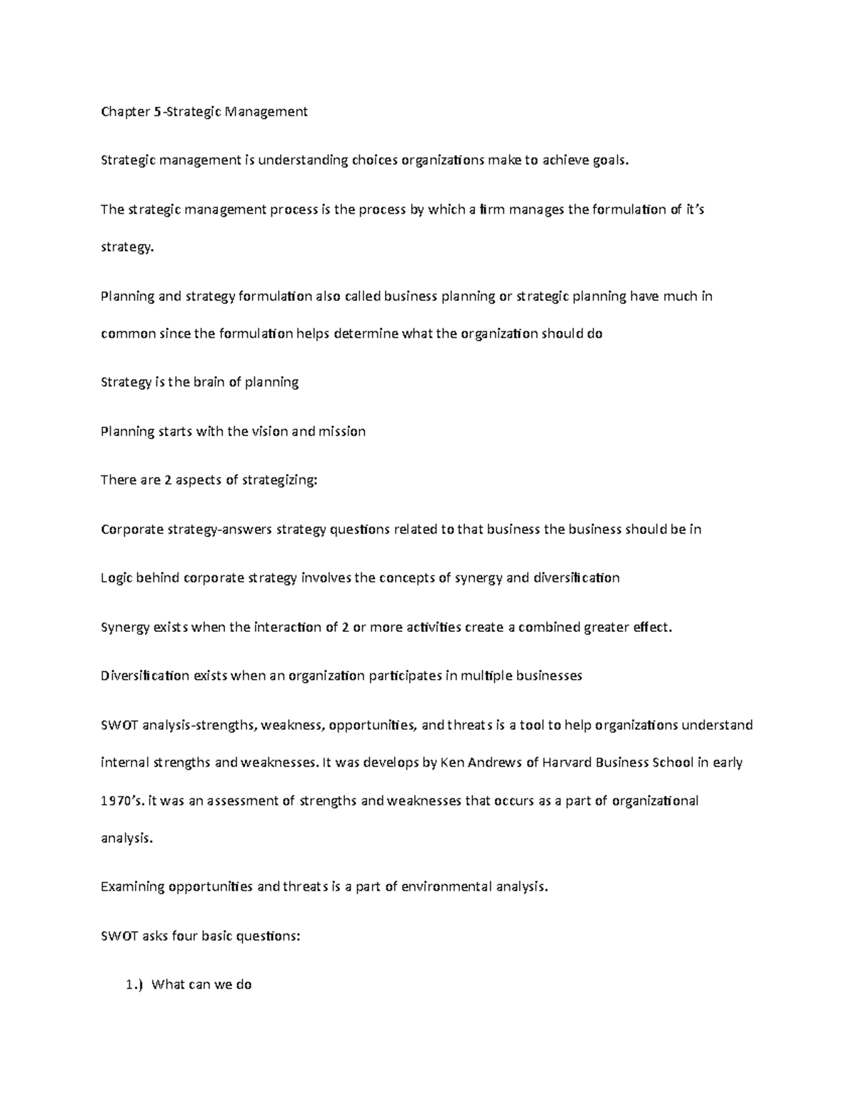 Strategic Management Overview: Chapter 5 Analysis (MGMT 101) - Studocu