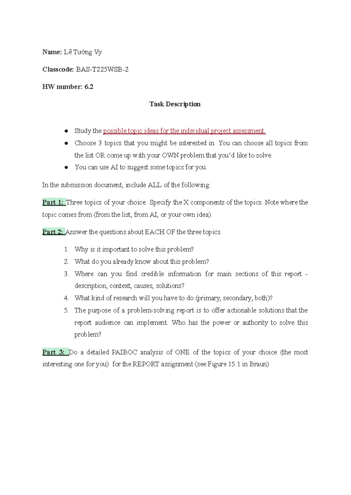 HW6.2 BAS2 Topic Ideas for Individual Project Assessment - Studocu