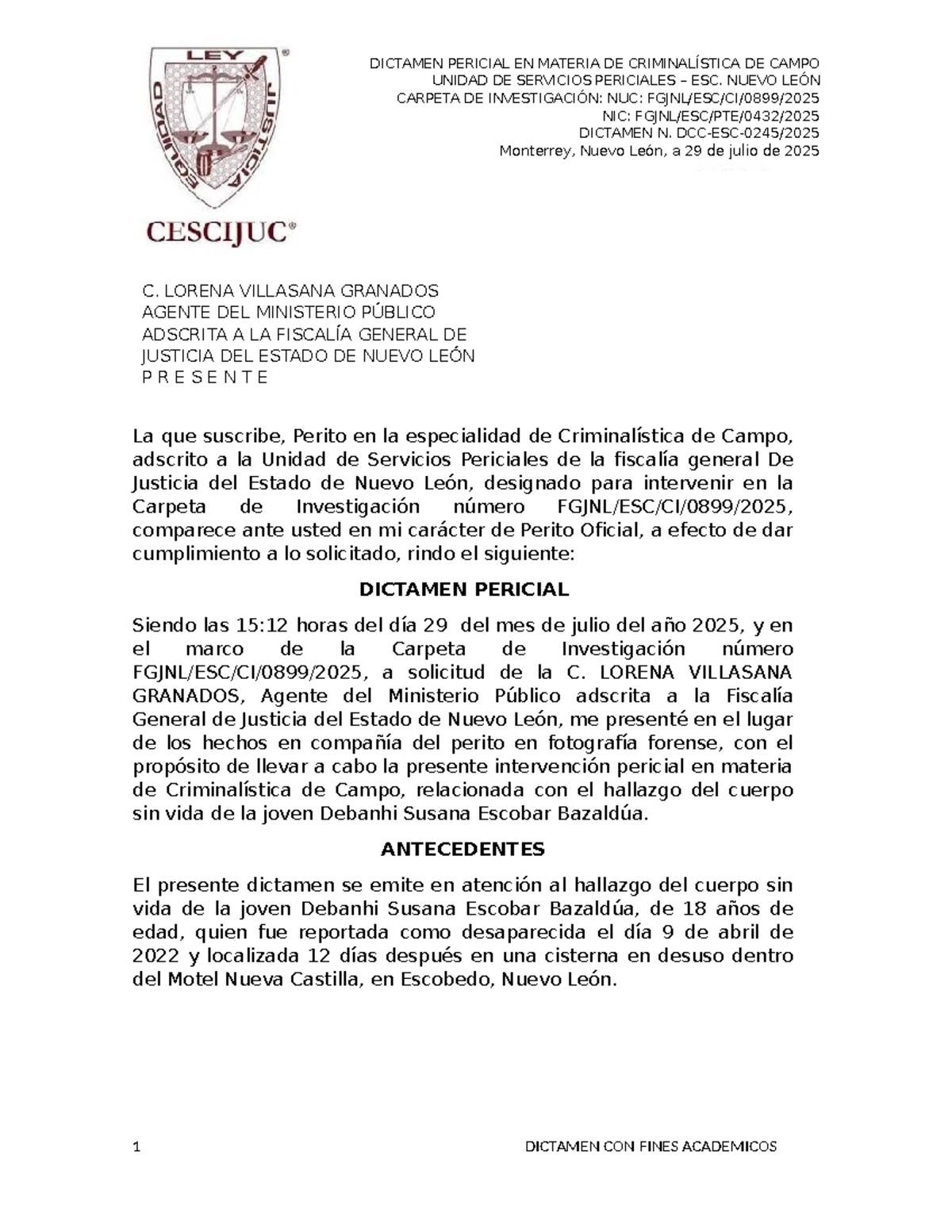 Dictamen Pericial en Criminalística de Campo - NUC: NIC: Monterrey 2025
