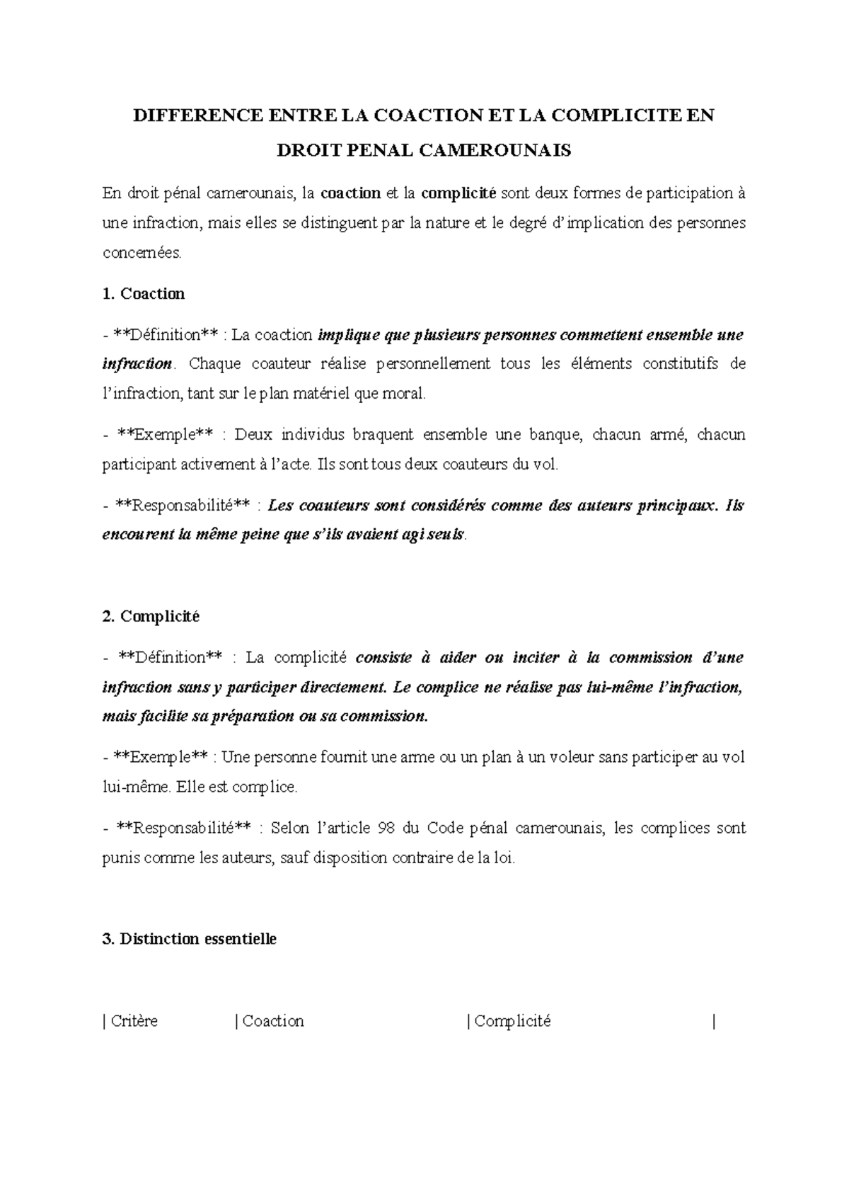 DIFFERENCE ENTRE COACTION, COMPLICITE ET CONSPIRATION EN DROIT PENAL ...