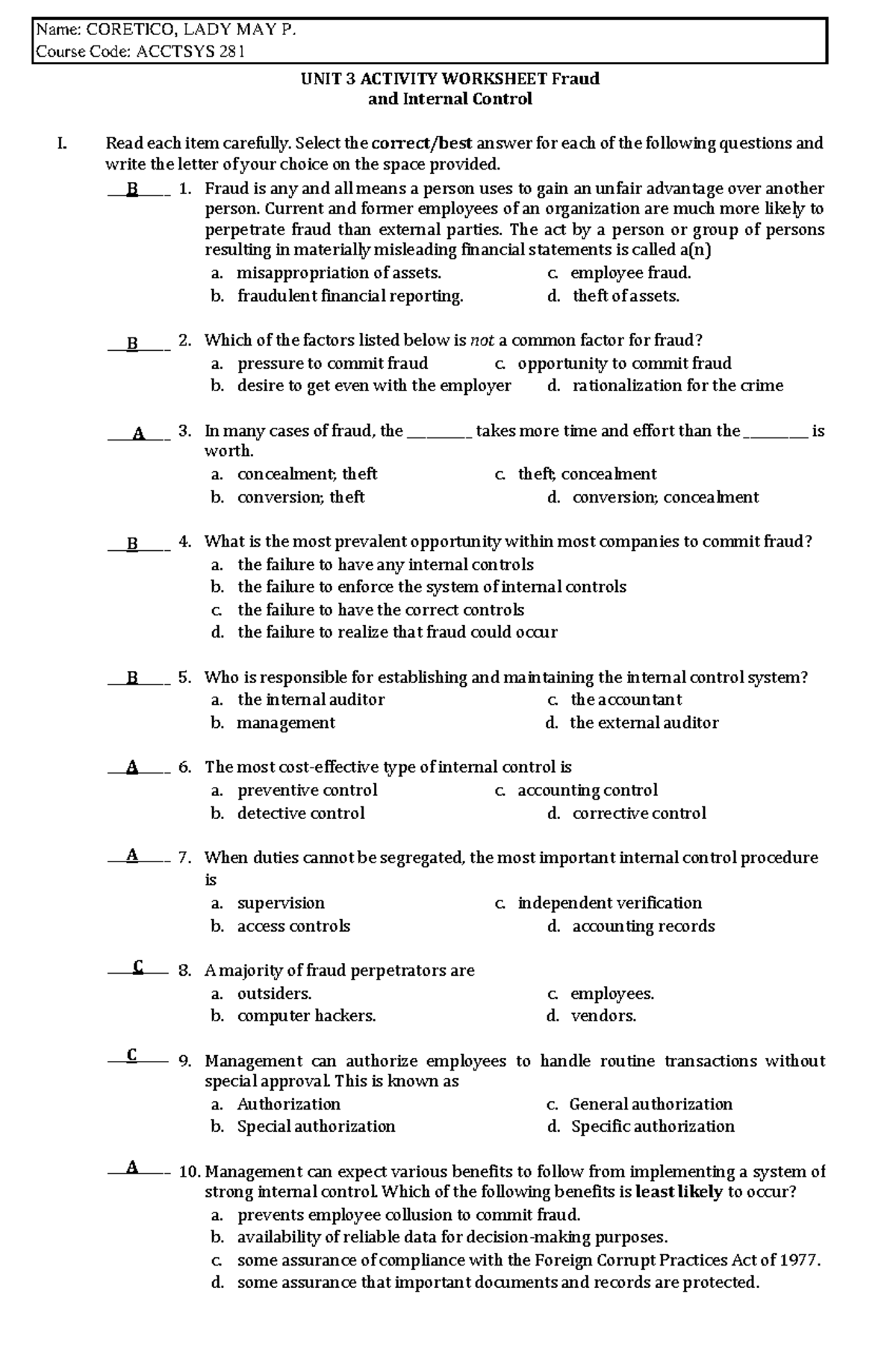 Acctsys 281 Unit 3 Activity Worksheet on Fraud & Internal Control - Studocu