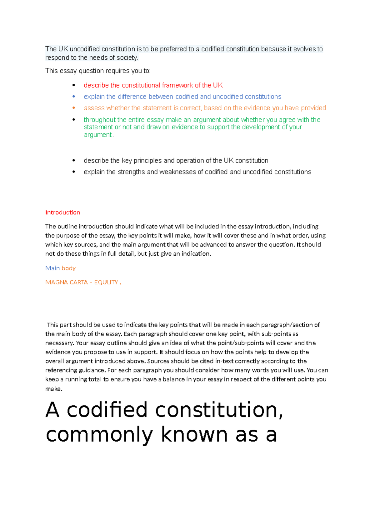 W203: Essay Outline on the UK Constitution - Codified vs. Uncodified ...