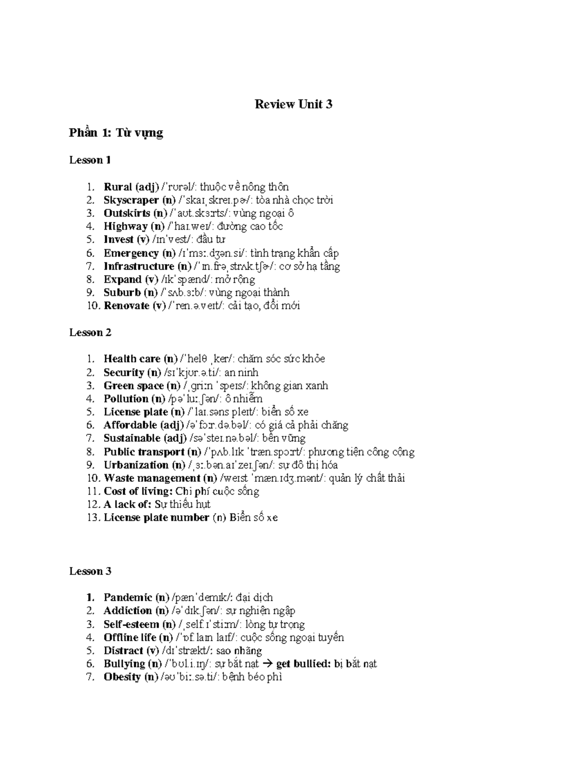 Review Unit 3: Vocabulary and Grammar Lessons for Exam Prep - Studocu