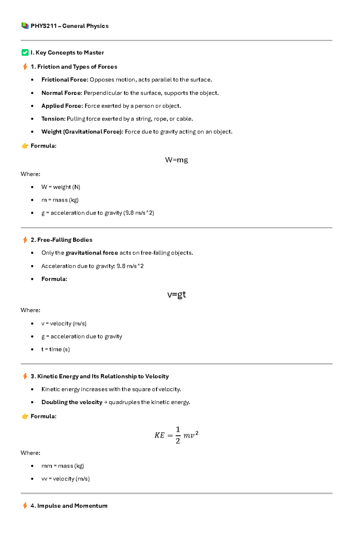 Reviewer - Physics notes - PHYS211 – General Physics I. Key Concepts to ...
