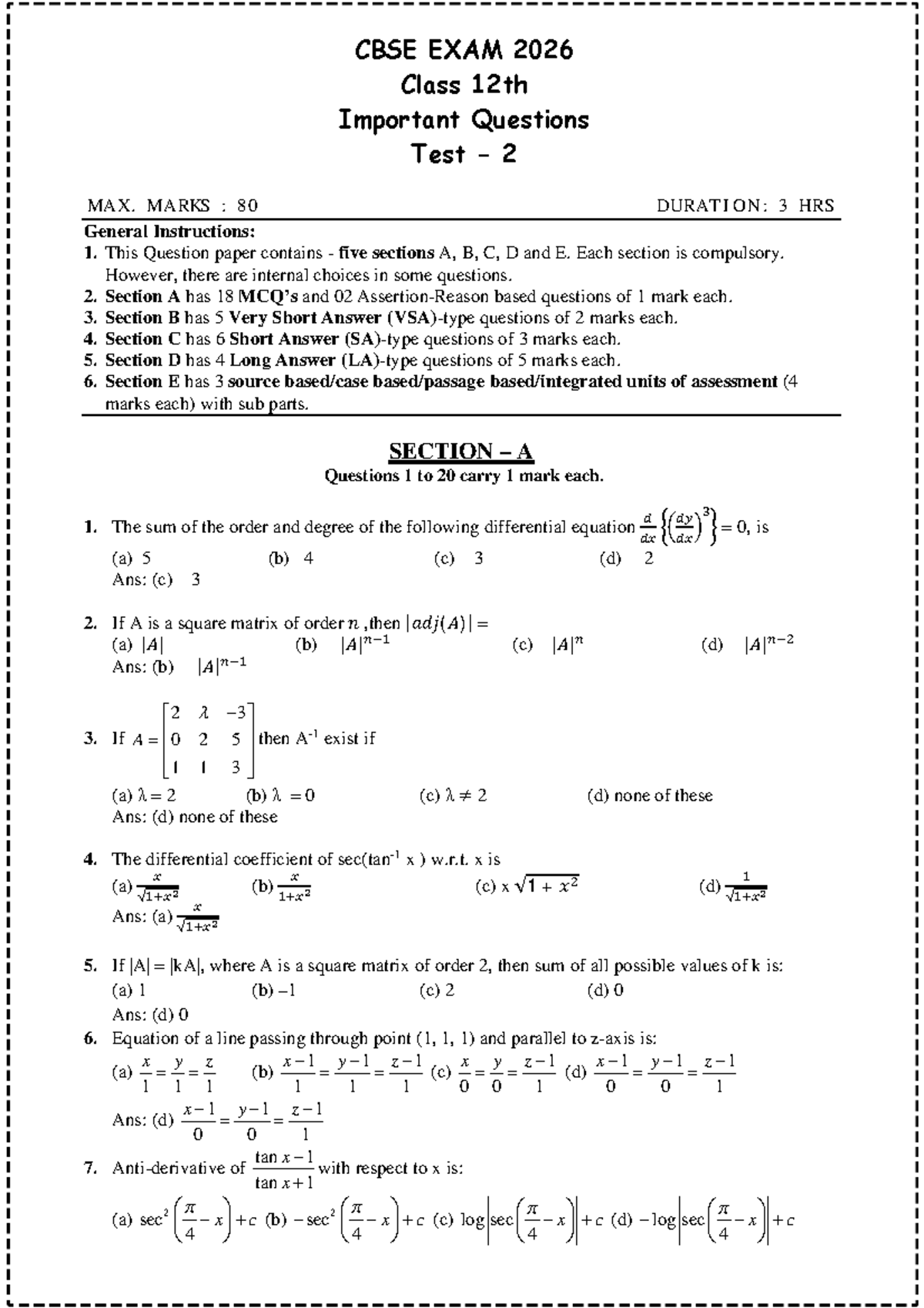 CBSE Class 12 Important Questions for Exam 2026 - Test 2 - Studocu