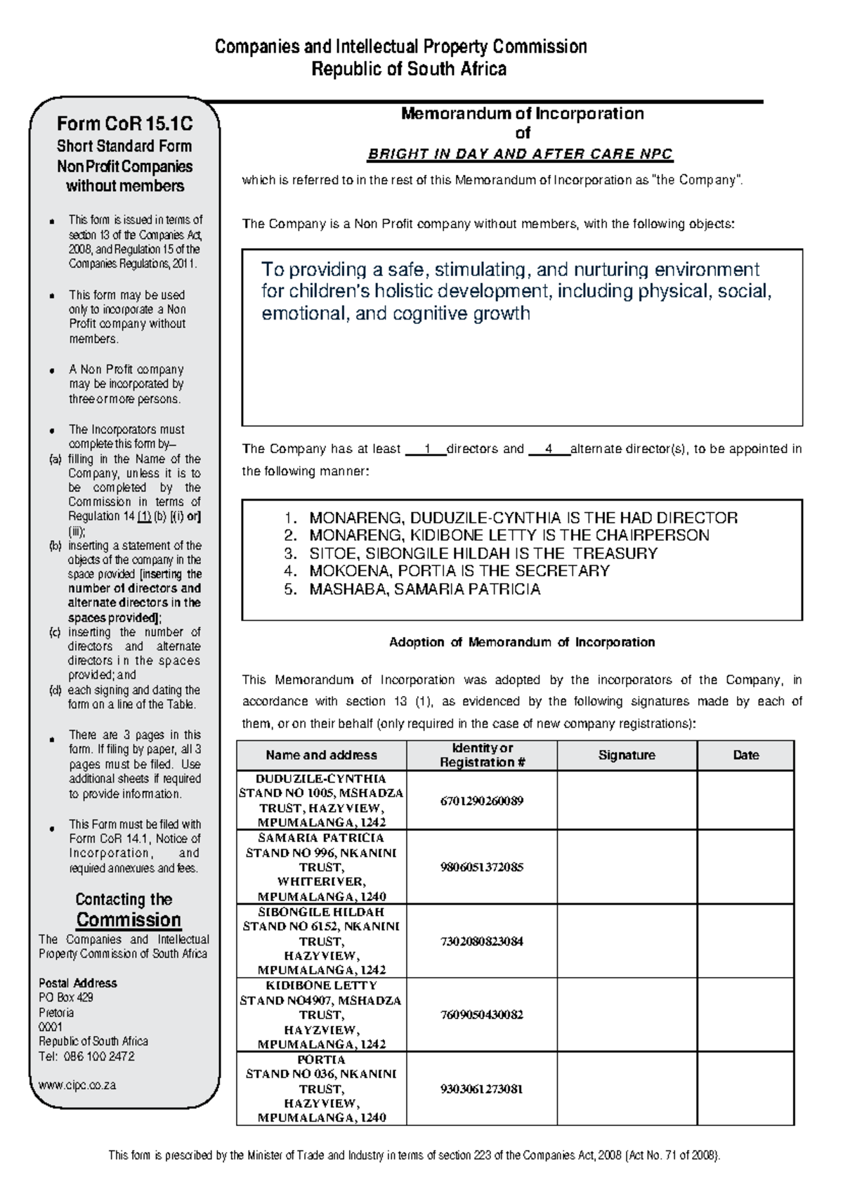 Memorandum of Incorporation for Non-Profit Company CoR 15.1C - Studocu