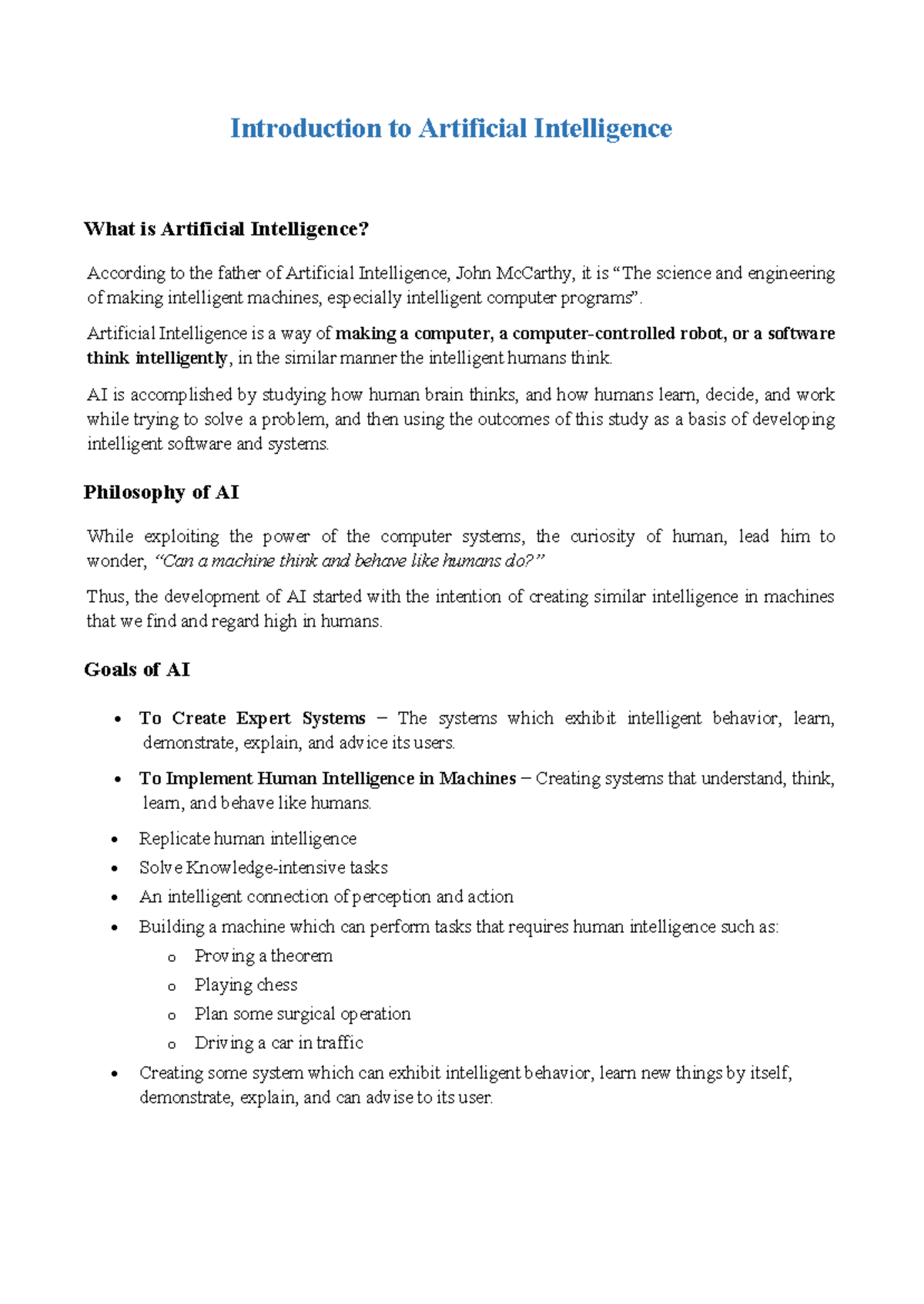 AI 101: Introduction to Artificial Intelligence - Unit 1 Notes - Studocu