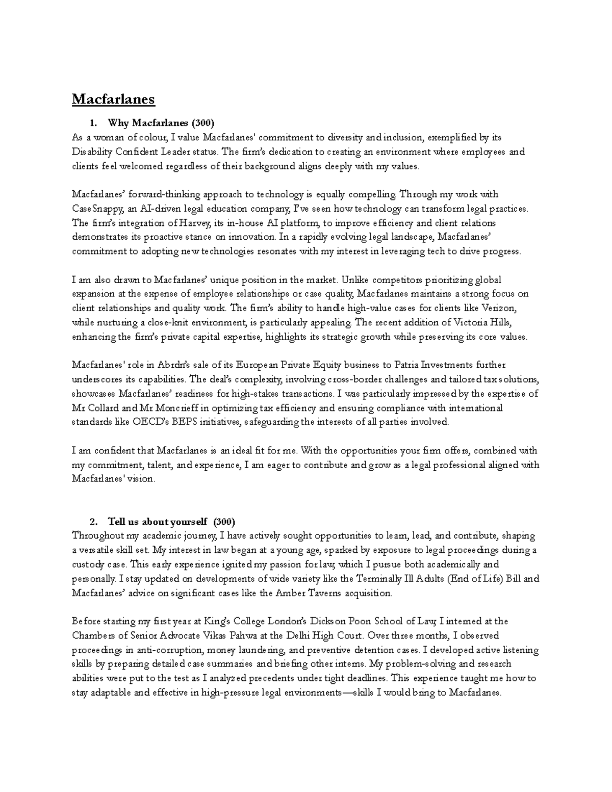 Macfarlanes: Commitment to Diversity & Legal Innovation (300) - Studocu