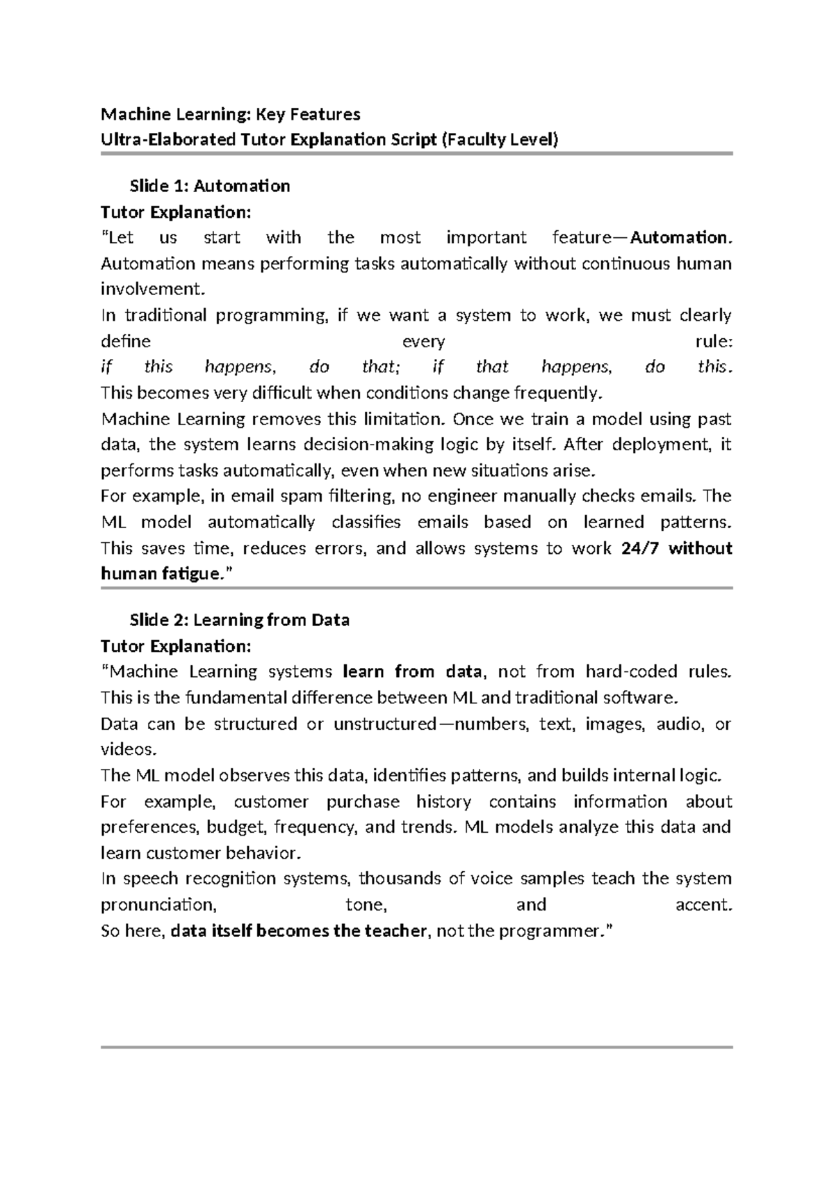 Machine Learning (ML) Features: Faculty Level Tutor Explanation Script ...