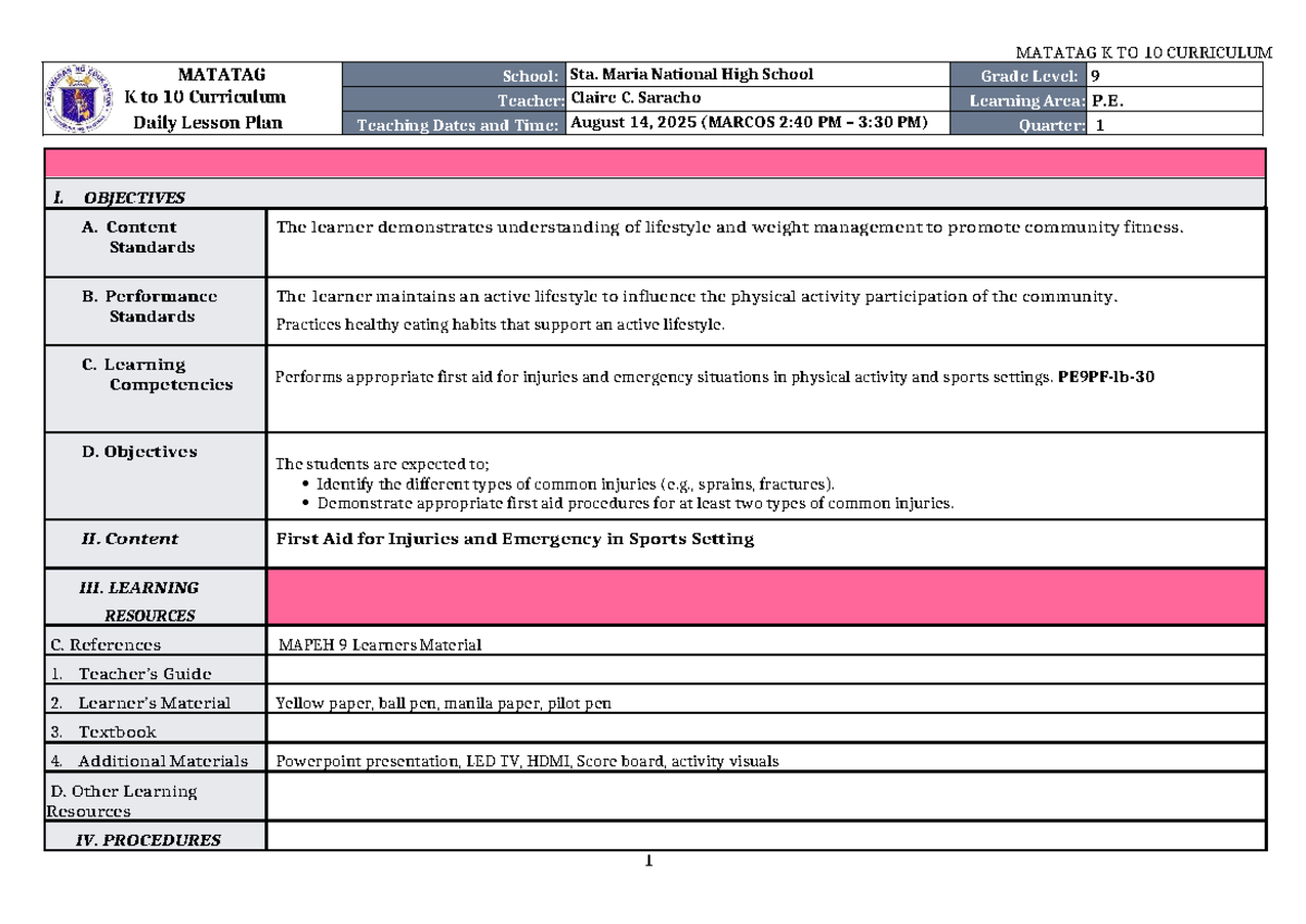 MATATAG K to 10 Curriculum: P.E. Lesson Plan on First Aid (Grade 9 ...