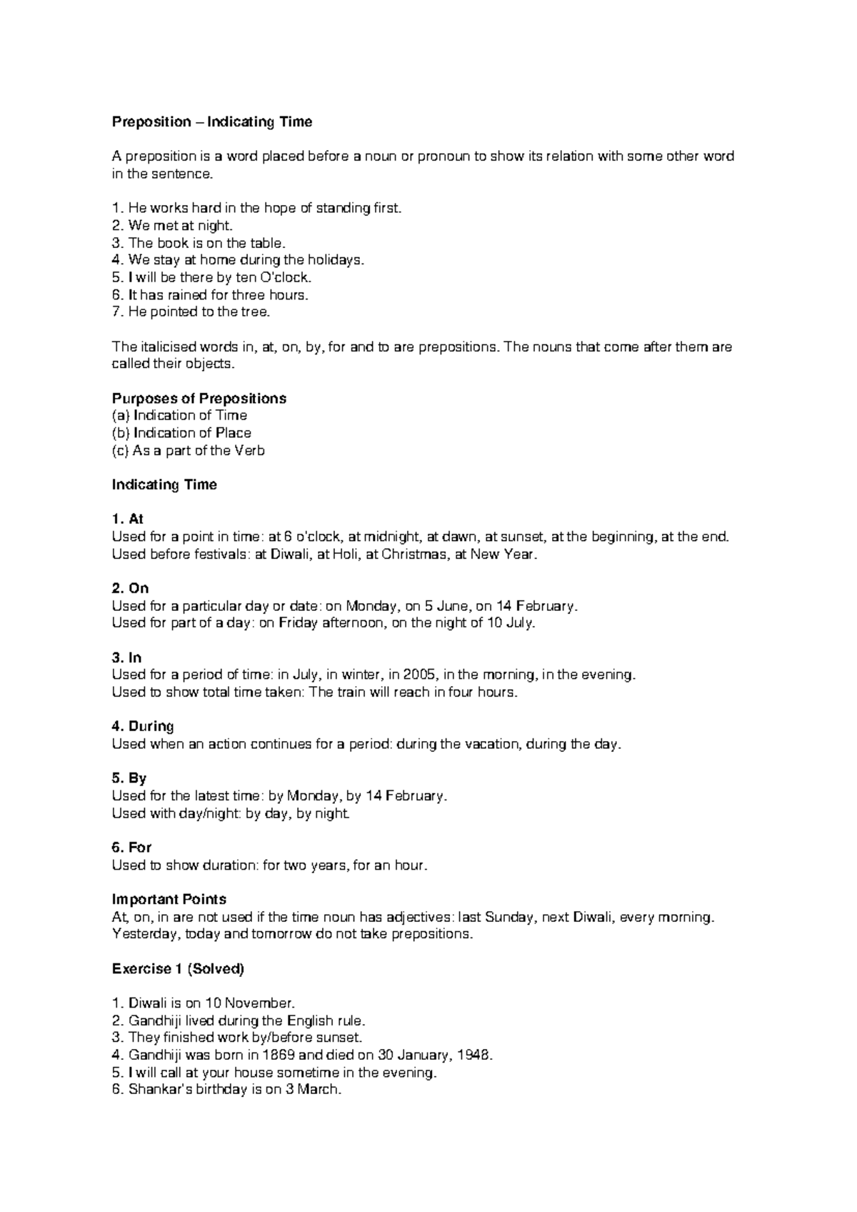 Prepositions Indicating Time: Understanding Usage and Examples - Studocu
