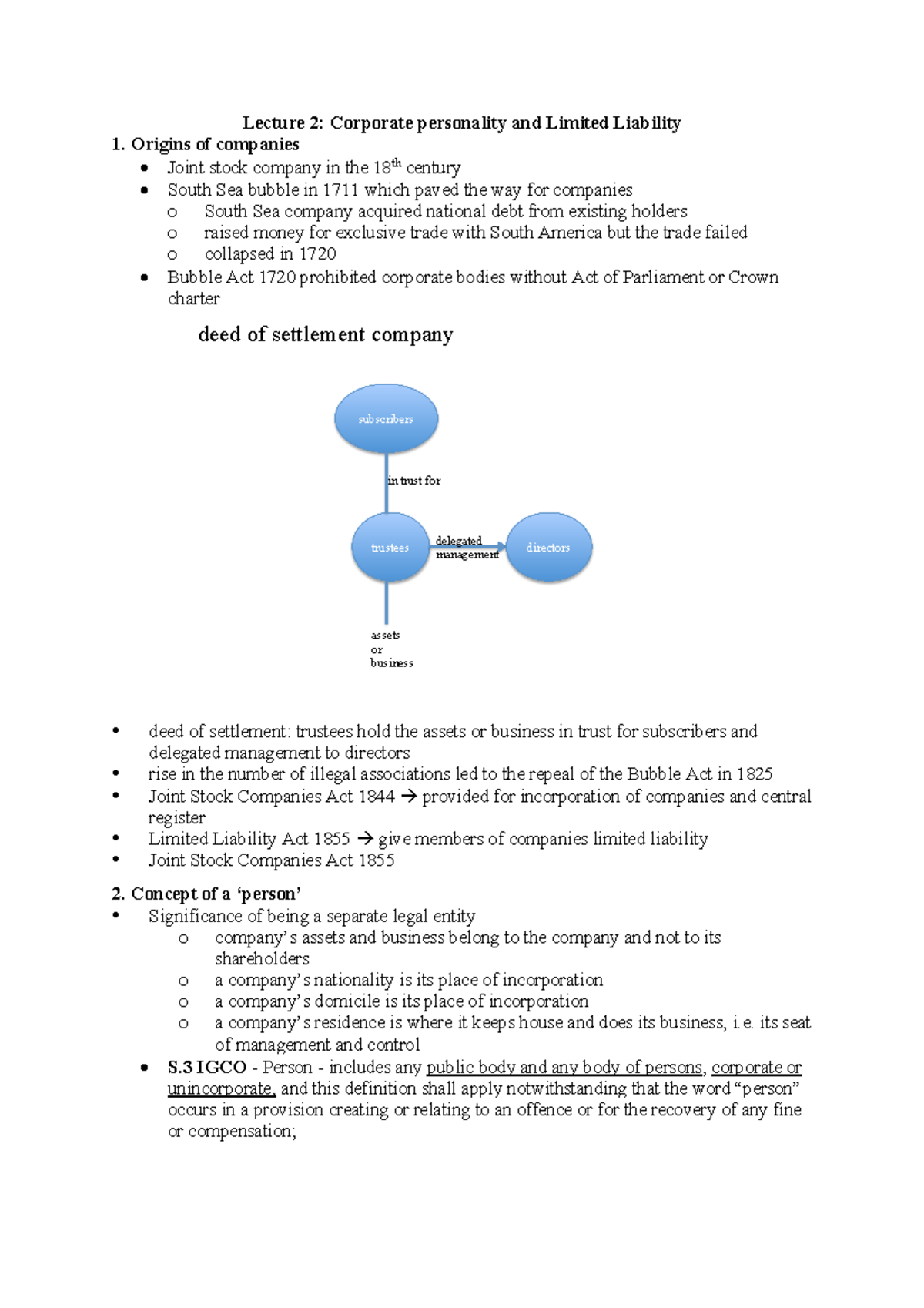 BA Notes - Lecture 2: Corporate personality and Limited Liability ...
