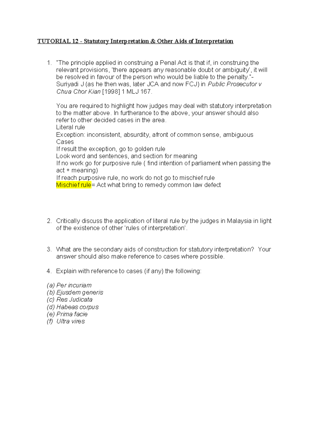 T12 - Tutorial 12: Statutory Interpretation & Aids of Interpretation ...