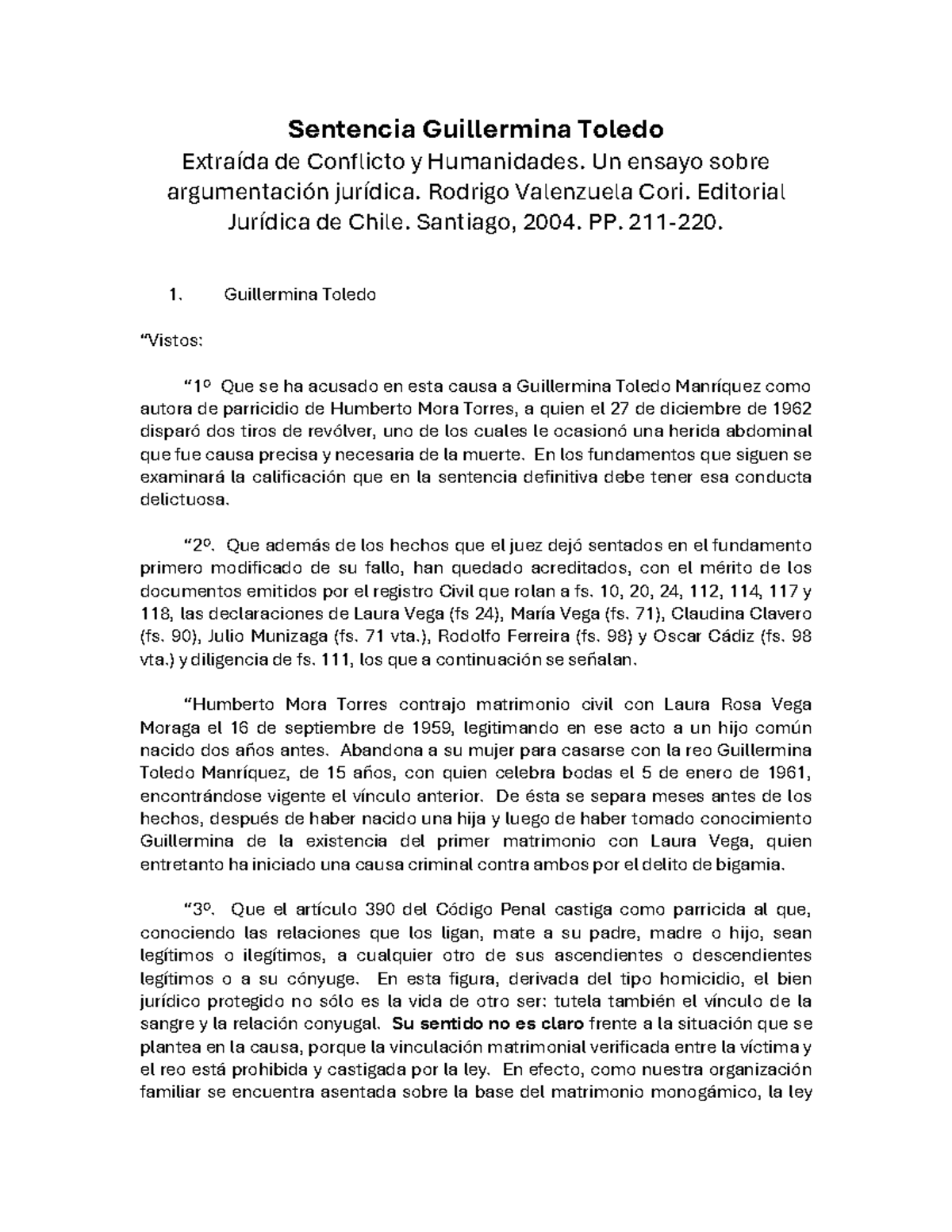 Sentencia sobre Parricidio y Homicidio: Caso Guillermina Toledo (2004 ...