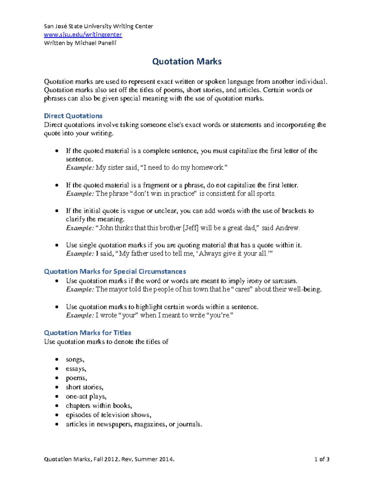 SJSU Writing Center: Quotation Marks Guide (Fall 2012) - Studocu