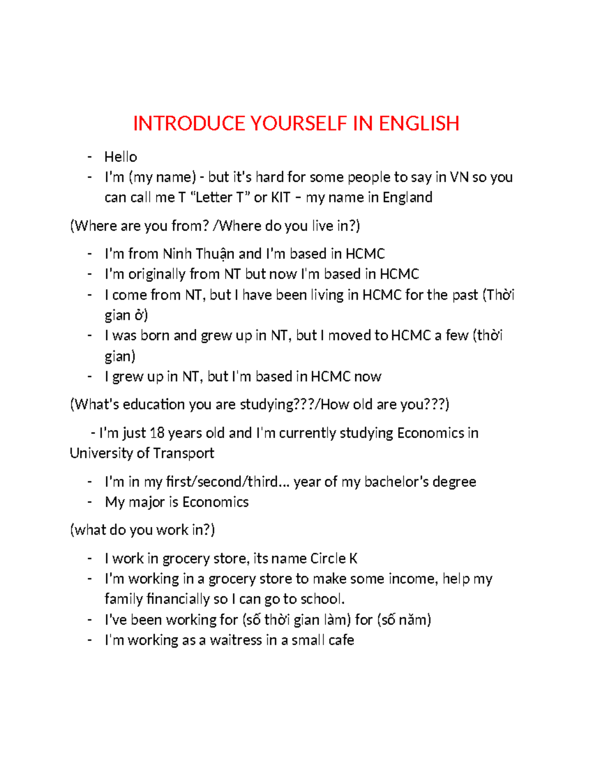 ENG 101: Self-Introduction Assignment - Studocu