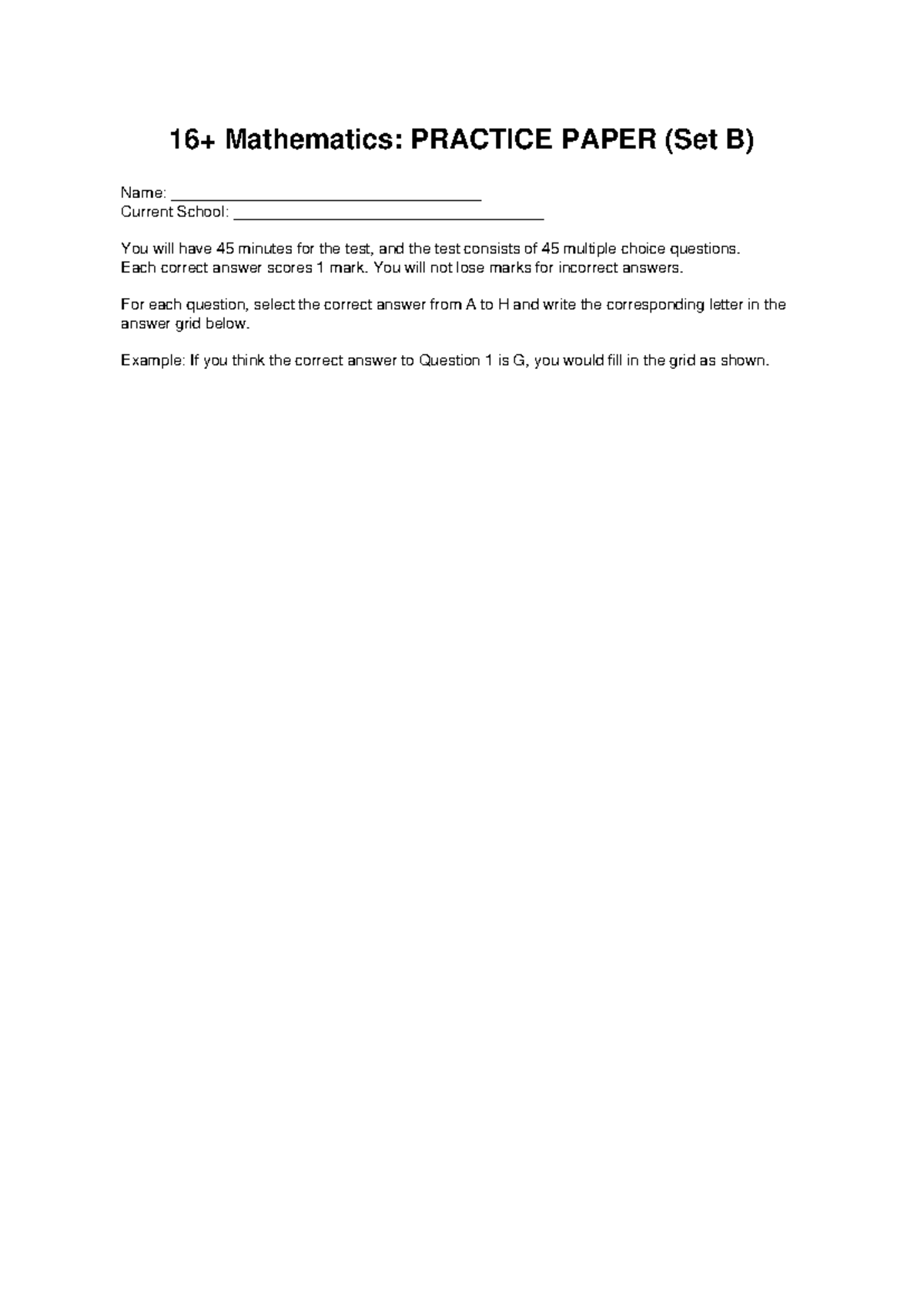 16+ Mathematics Practice Paper: Practice Test Set B - Studocu