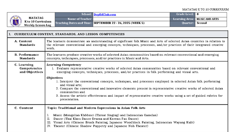 DLL Matatag K to 10 Music & Arts 8 Q2 Week 5 Lesson Log - Studocu