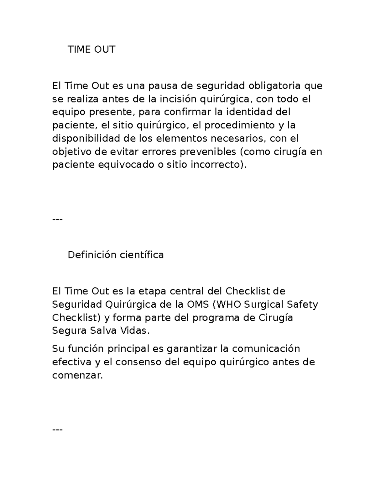 TIME OUT Quirúrgico: Resumen y Checklist de Seguridad - Studocu