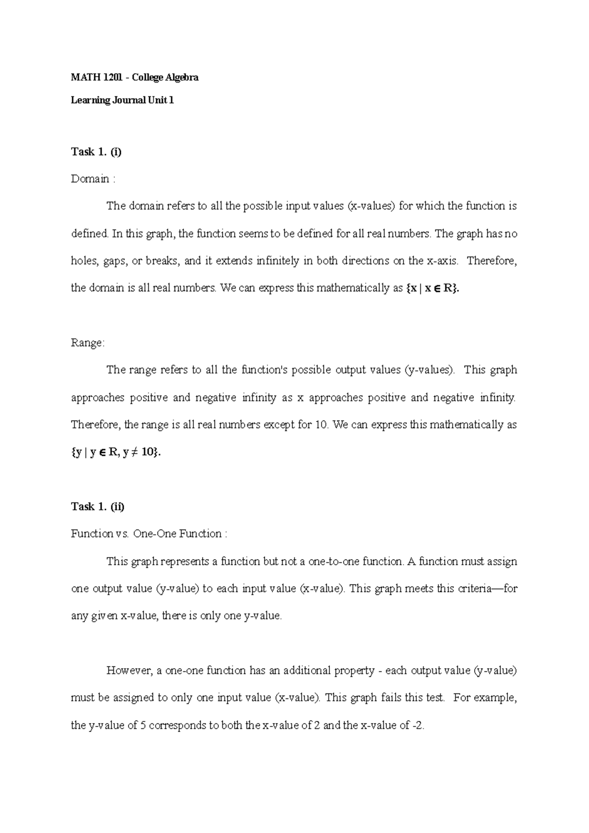 MATH 1201 - College Algebra Unit 1 Assignment Analysis and Tasks - Studocu