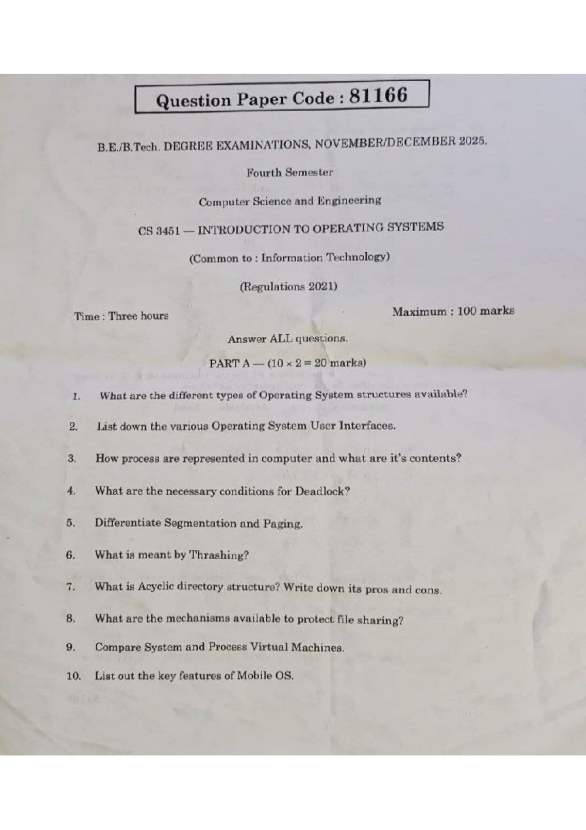 CS3451 Introduction to Operating Systems Nov-Dec 2025 Question Paper ...