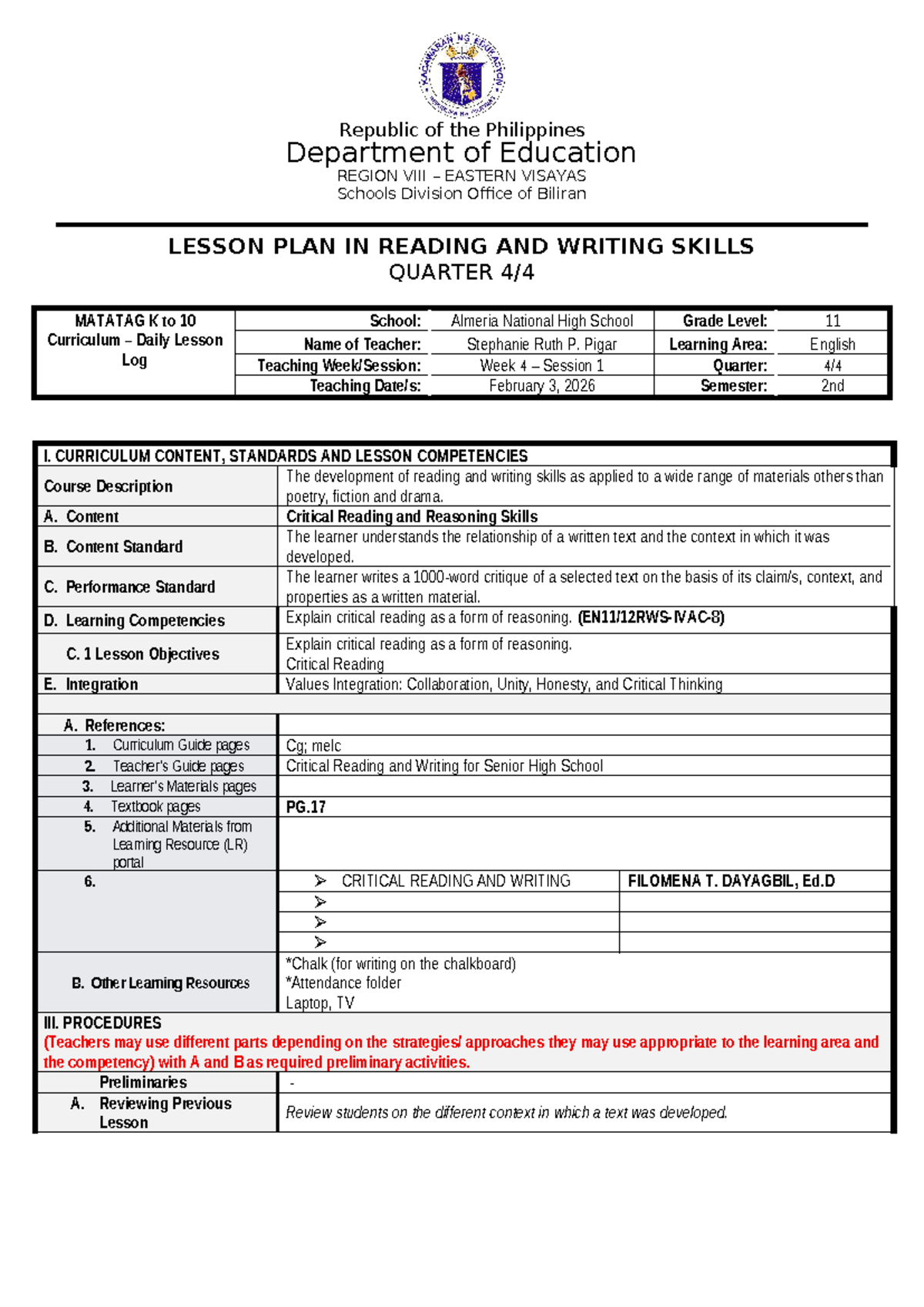 DLP: Lesson Plan on Critical Reading & Writing Skills for SHS - Studocu