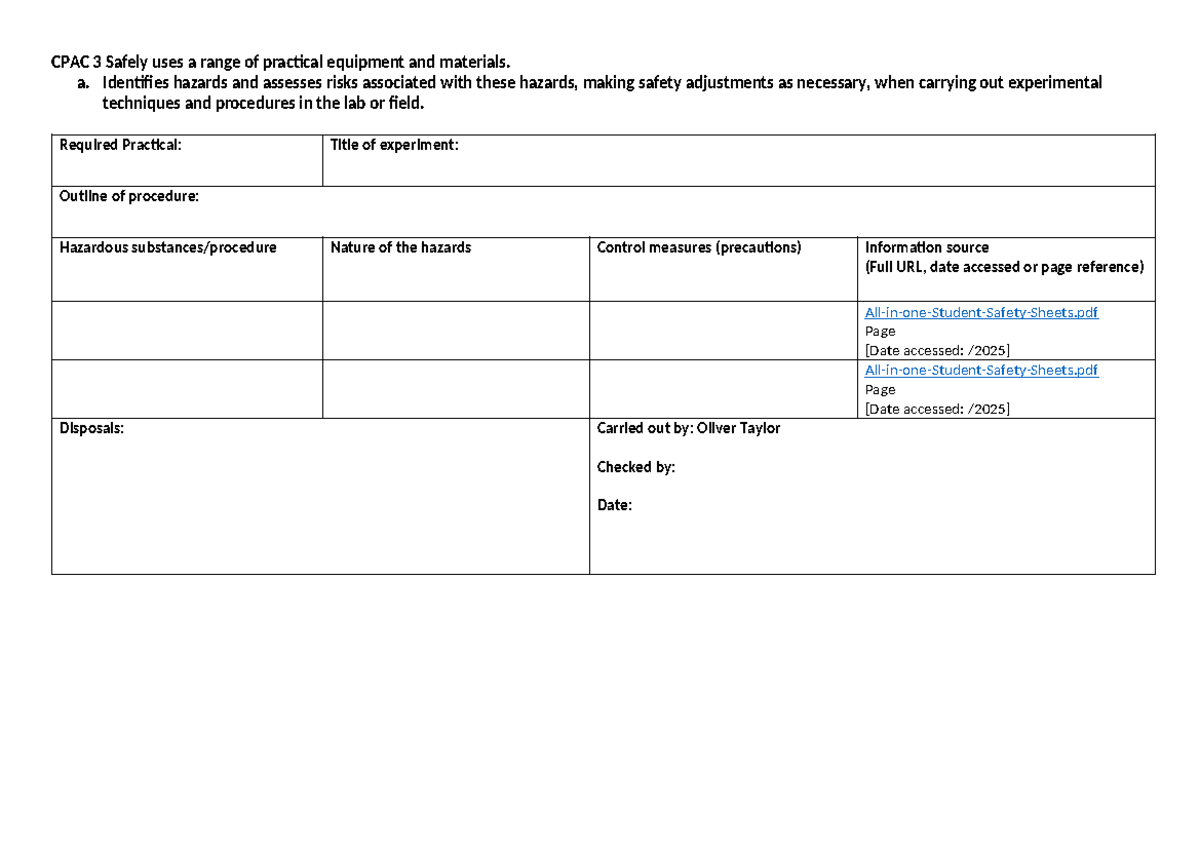 Risk Assessment table Blank - CPAC 3 Safely uses a range of practical ...