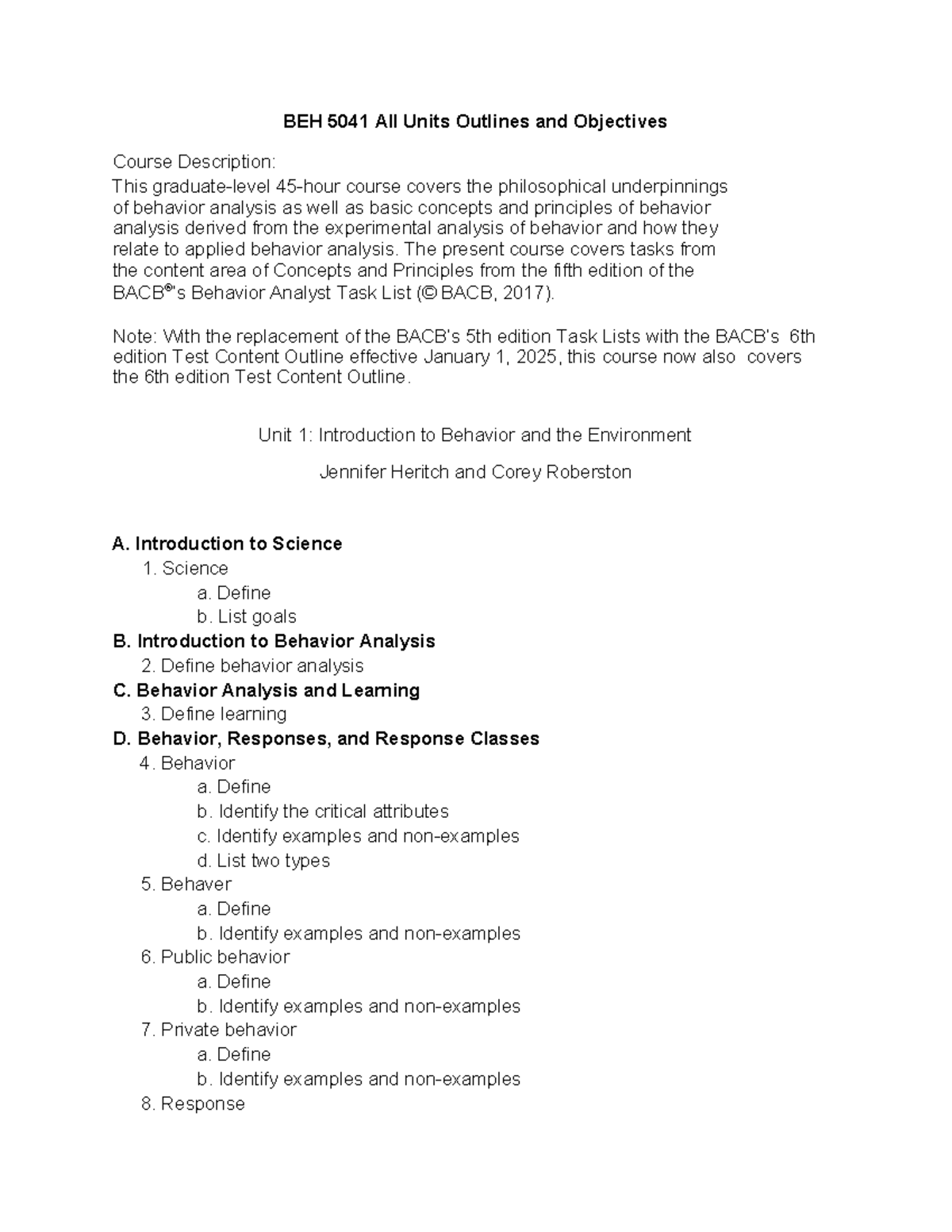 BEH 5041 Comprehensive Course Outline and Objectives for Behavior ...