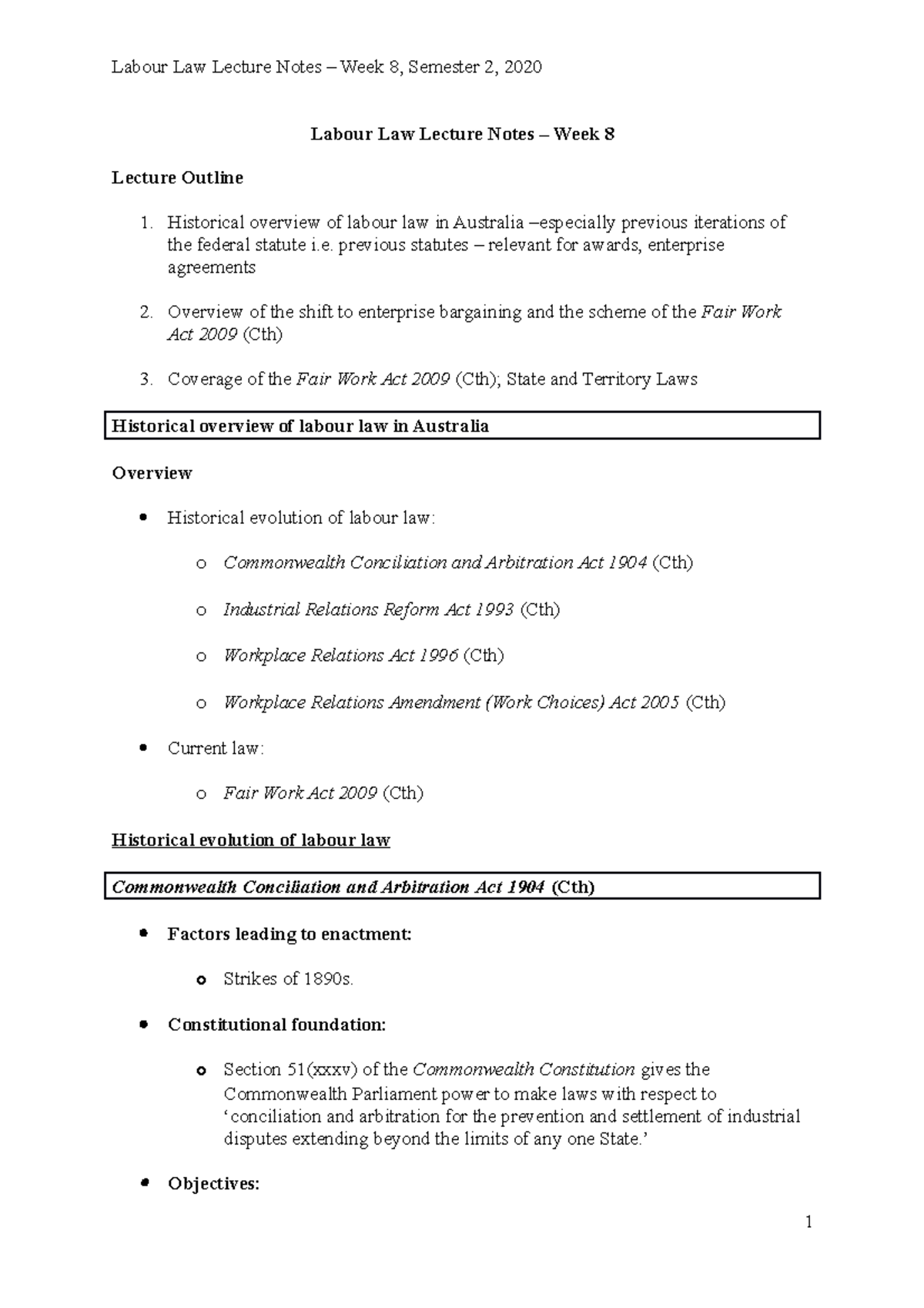 Week 8 Labour Law Lecture Notes - Labour Law Lecture Notes – Week 8 ...