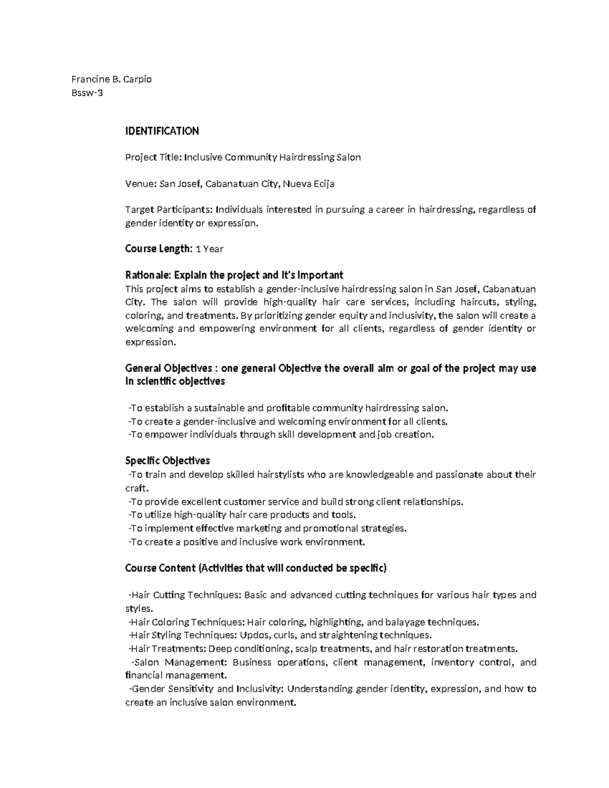 Inclusive Community Hairdressing Salon Project Proposal (Course Code ...