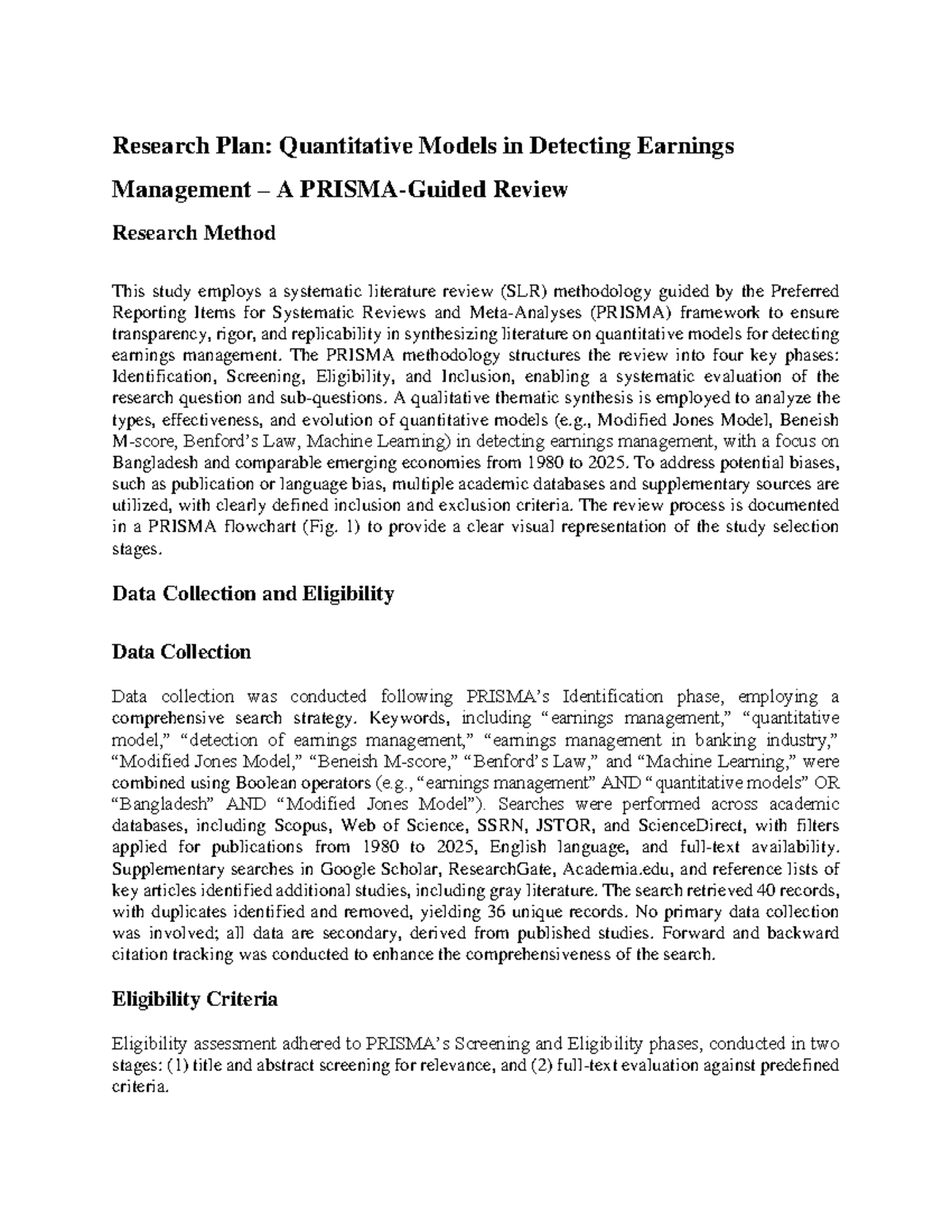 Research Plan: Quantitative Models for Earnings Management Detection ...