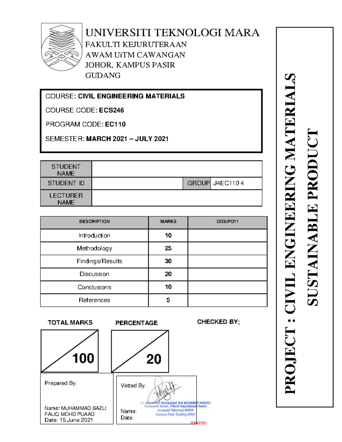 Civil Engineering Materials Project Report (ECS246) MAR-JULY2021 - Studocu