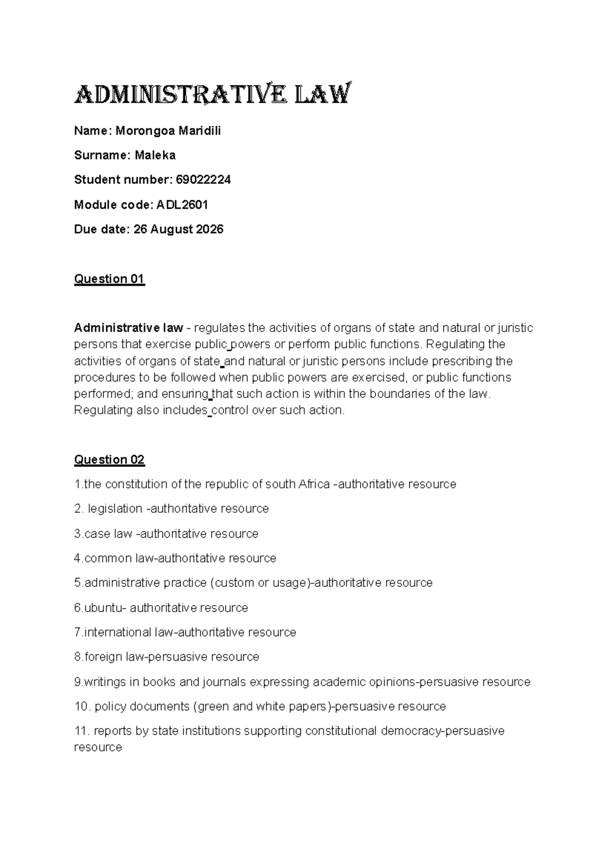 ADL2601 Administrative Law Assignment Overview and Key Concepts - Studocu