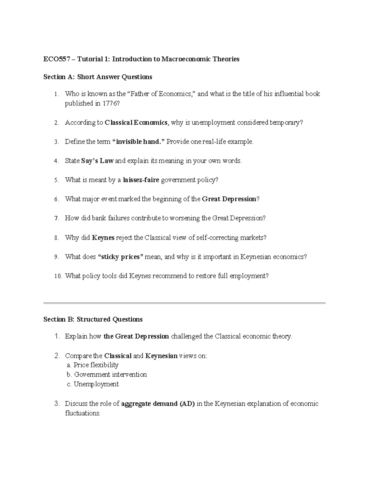 ECO557 Tutorial 1: Short Answer & Structured Questions on ...