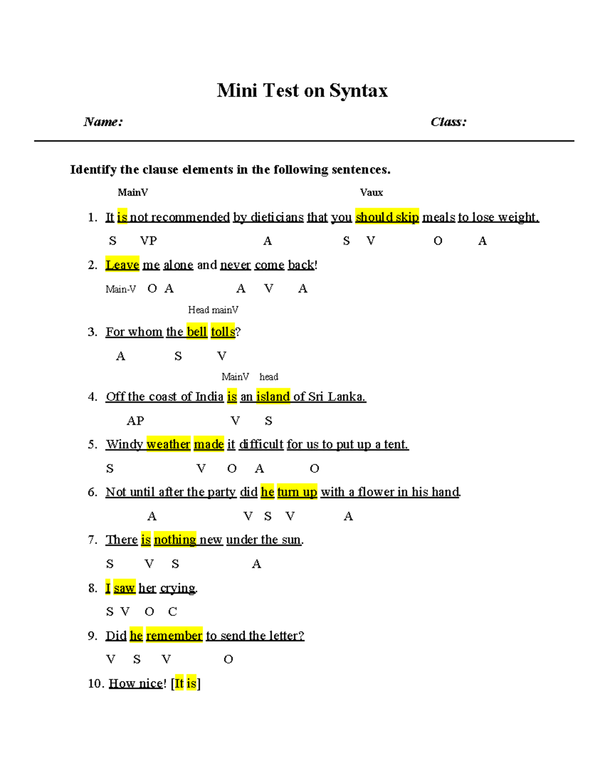 Mini Test on Syntax 1: Clause Elements Identification - Studocu