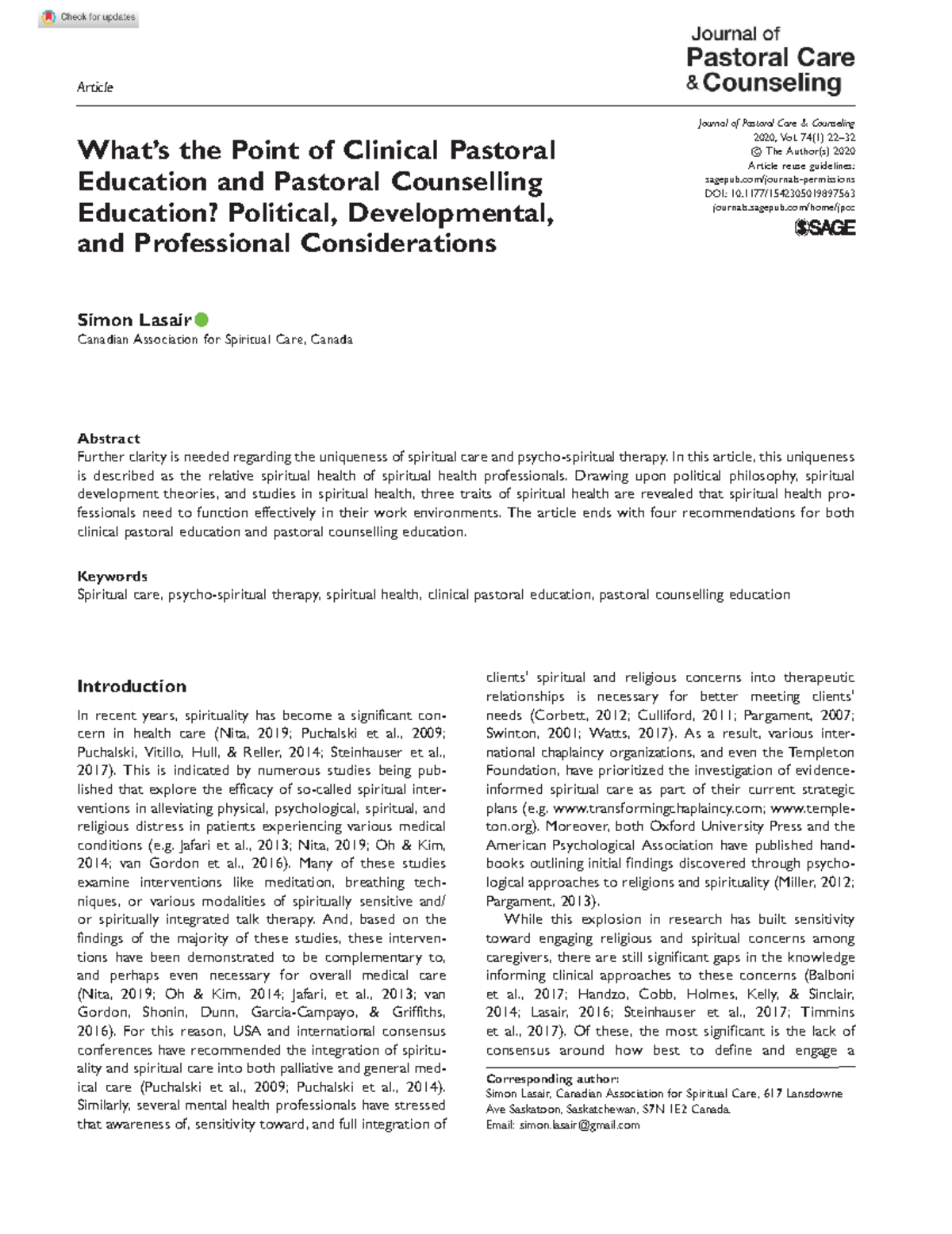 Title: CPE 2020: Examining Spiritual Health in Clinical Pastoral Care ...