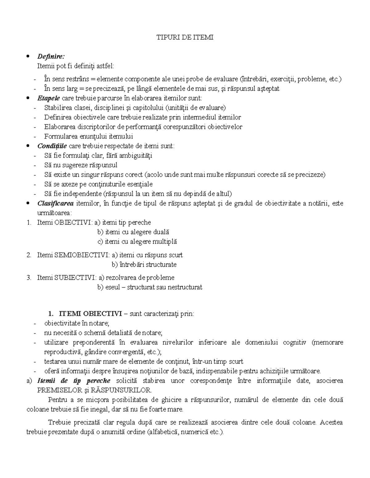 TIPURI DE ITEMI ÎN ÎNVĂȚĂMÂNTUL PRIMAR: DEFINIȚII ȘI EXEMPLE - Studocu