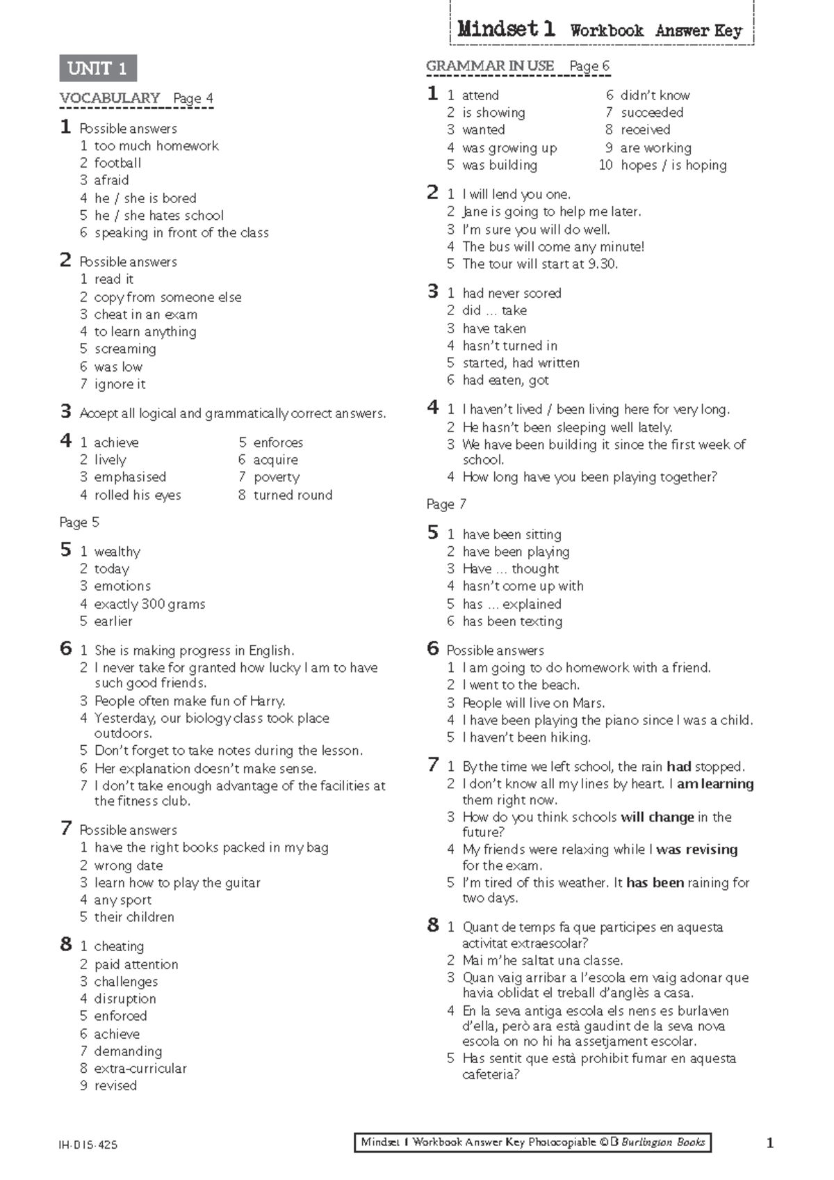 Mindset 1 Workbook Answer Key (ANK) - Unit 1 Grammar & Vocabulary - Studocu