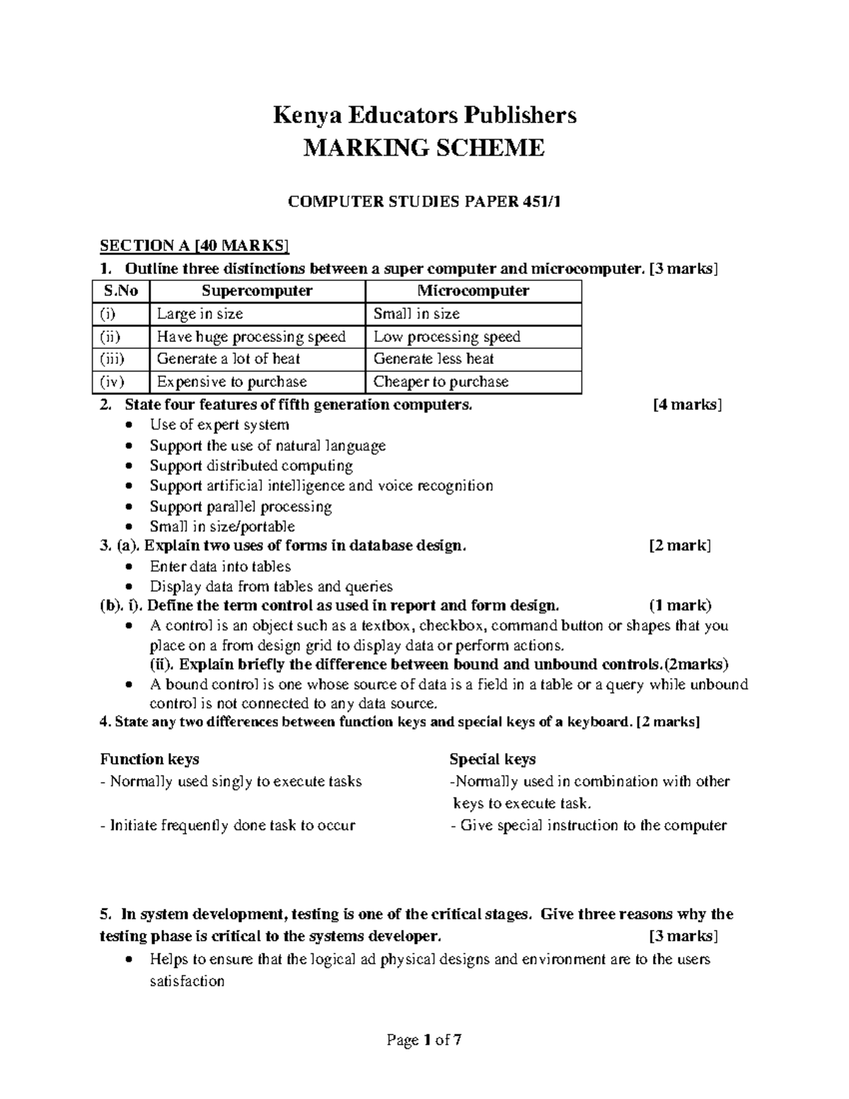 COMP 1 PP1 MS - Comprehensive Marking Scheme for Computer Studies Paper ...