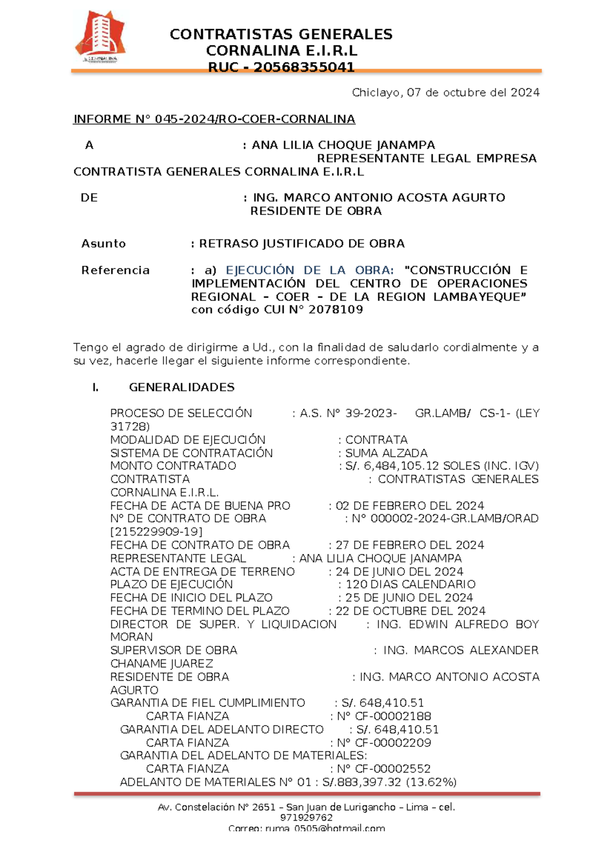Informe 045: Retraso Justificado de Obra - CUI 2078109 - Document Preview