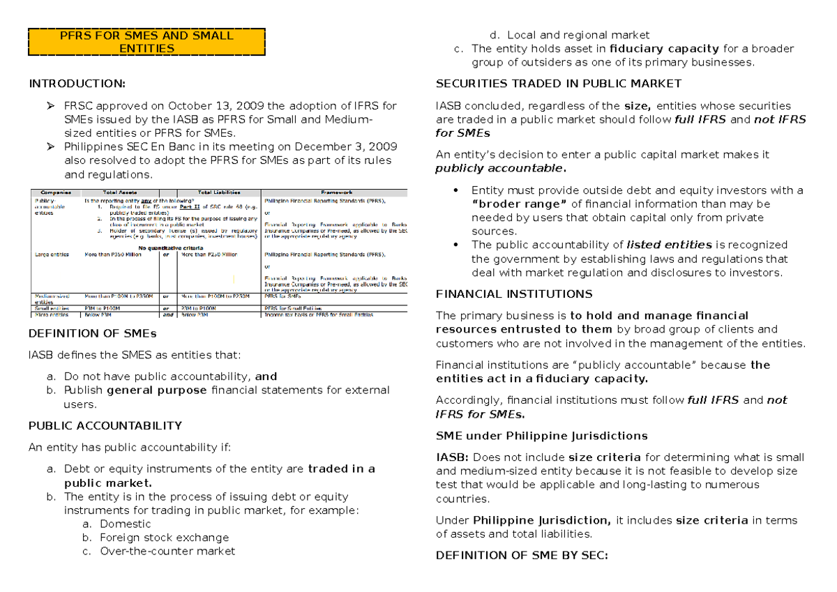 PFRS for SMEs: Comprehensive Overview for Small Entities - Studocu