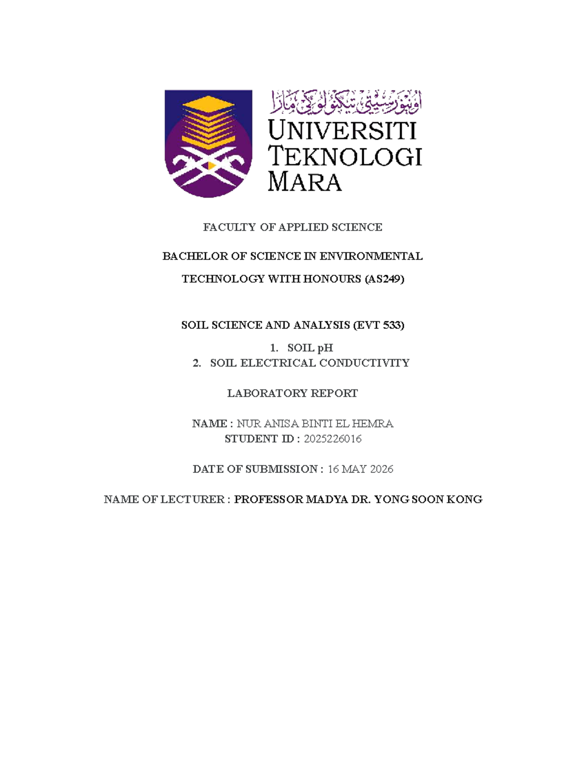 EVT 533 Soil Science Lab Report: pH & Electrical Conductivity Analysis ...