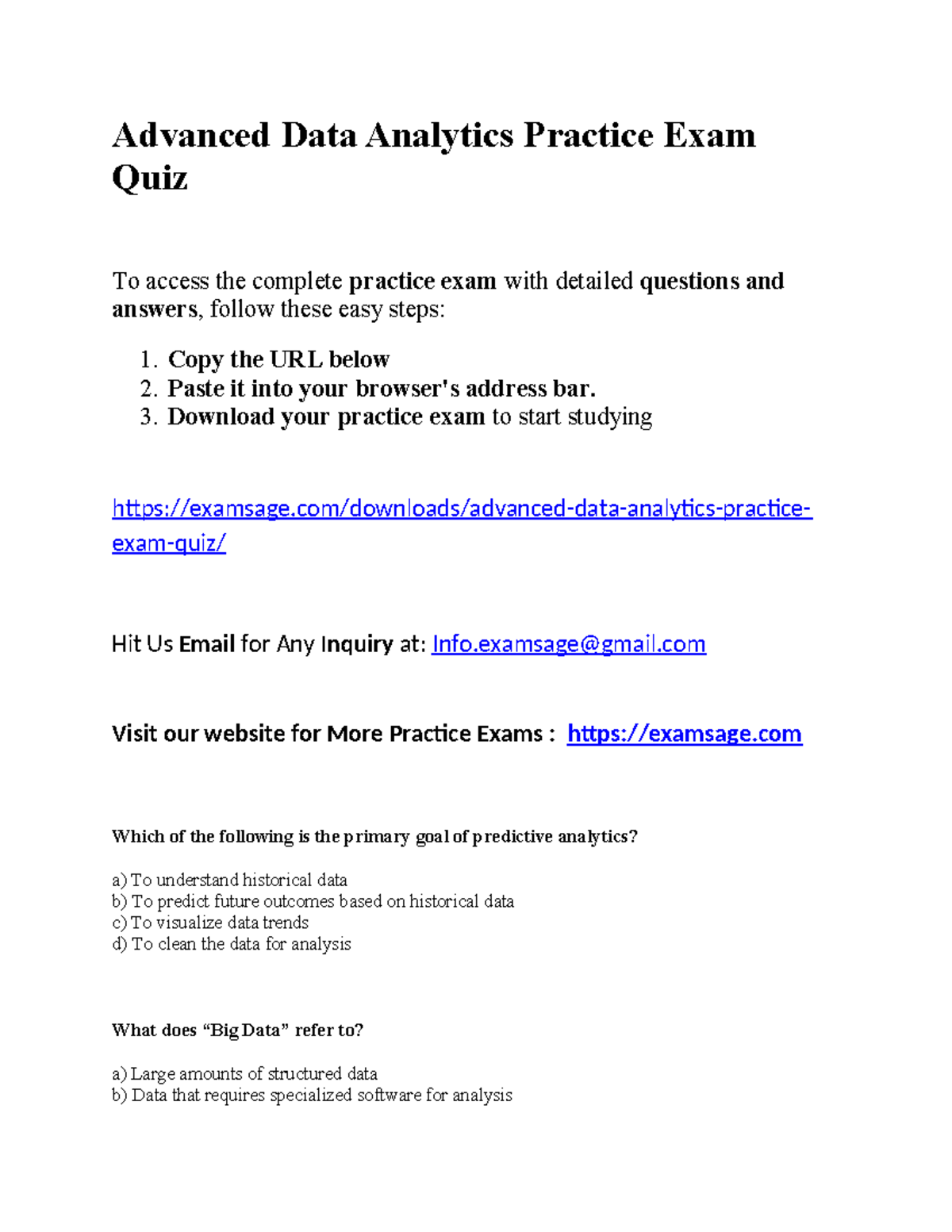 Advanced Data Analytics ADAN 210 Practice Exam Quiz for Review - Studocu