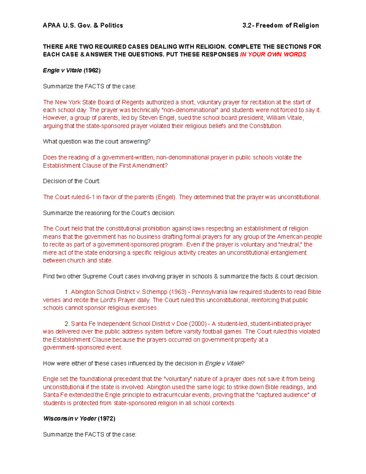 APAA U.S. Gov. Final Exam Case Summaries on Freedom of Religion - Studocu