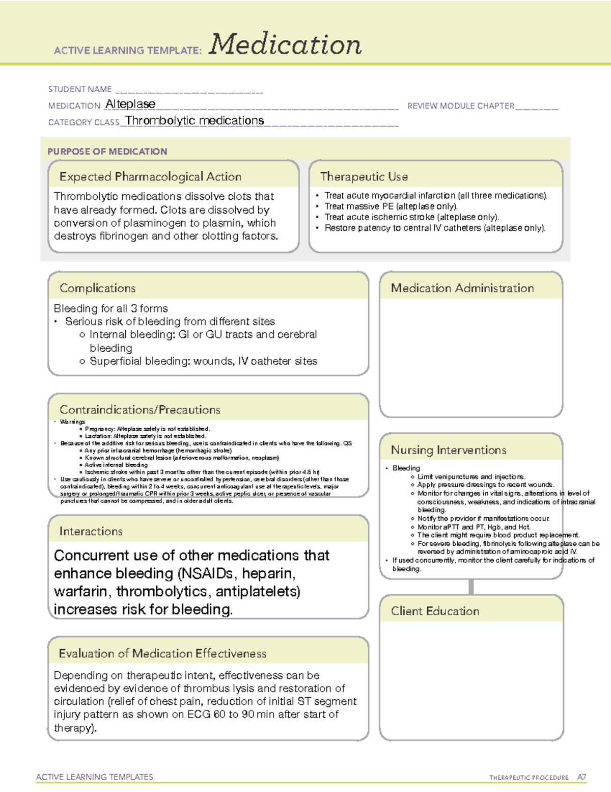 Alteplase - Medication Sheet outlining details about the medication for ...