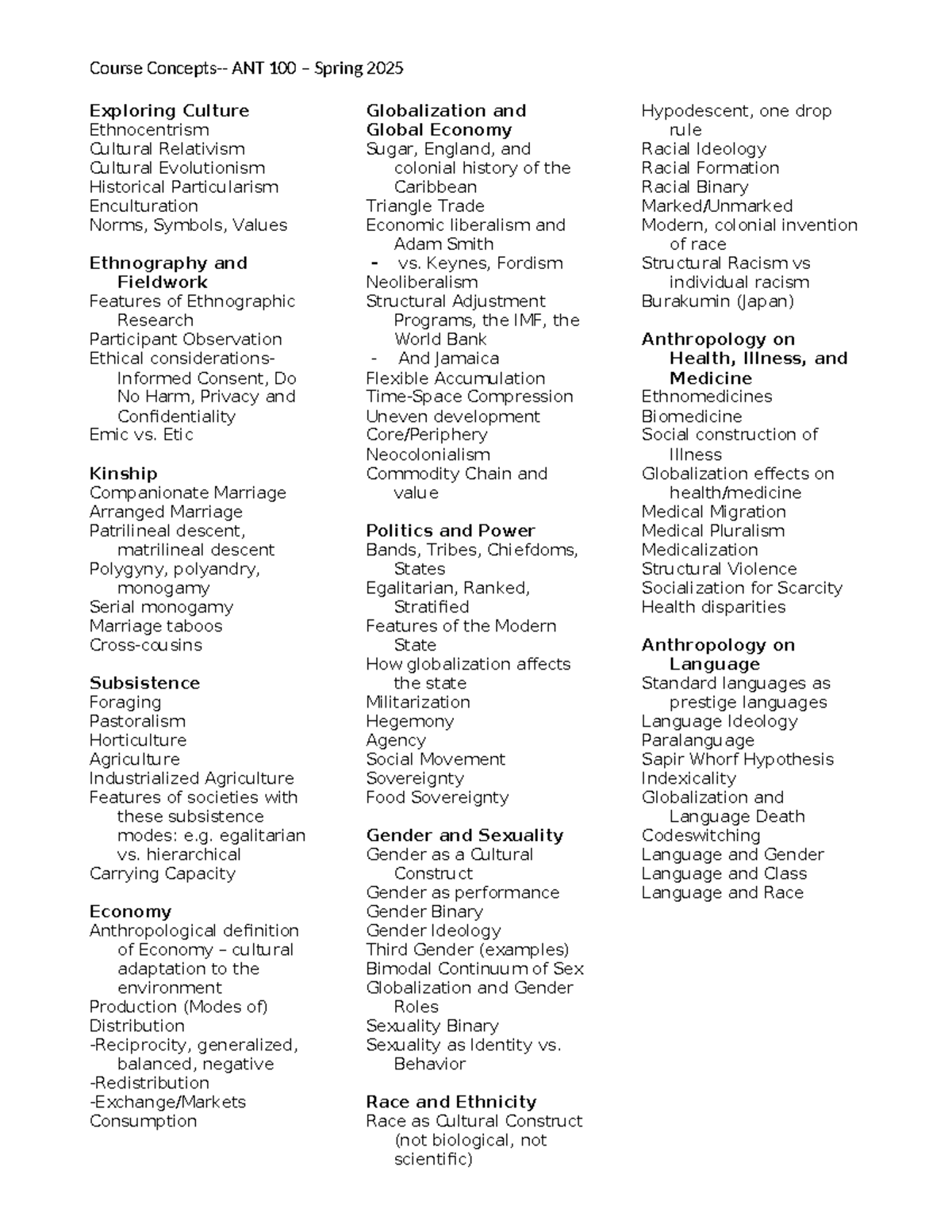 Course Concepts Overview for ANT 100 - Spring 2025 - Course Concepts ...